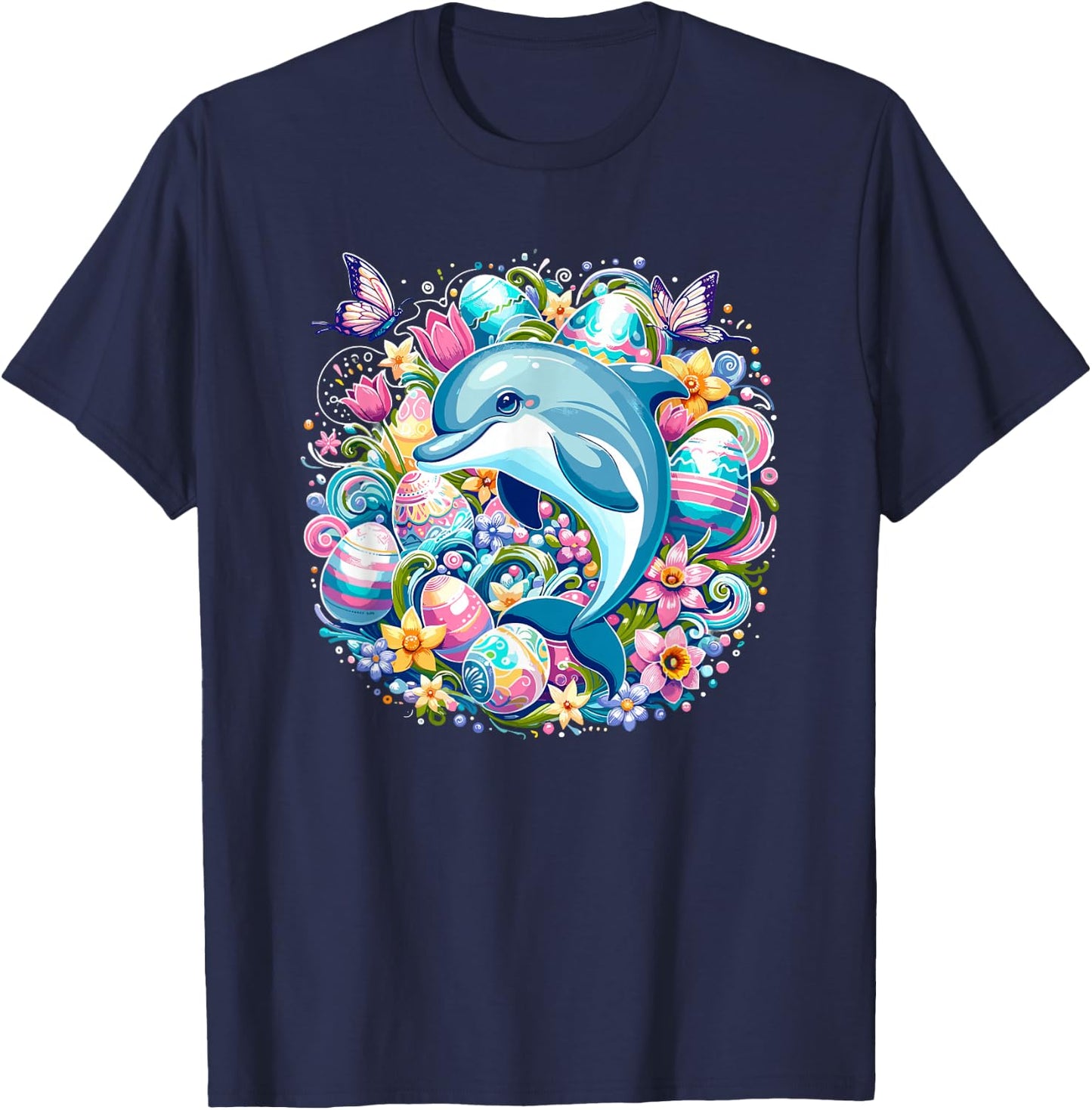 Easter Festive Illustration With Charming Dolphin Artwork T-Shirt - T-Shirt | Navy