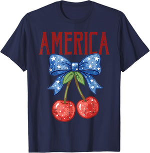 4th of July Cherry America USA Patriotic Women Girls Kids T-Shirt - T-Shirt | Navy