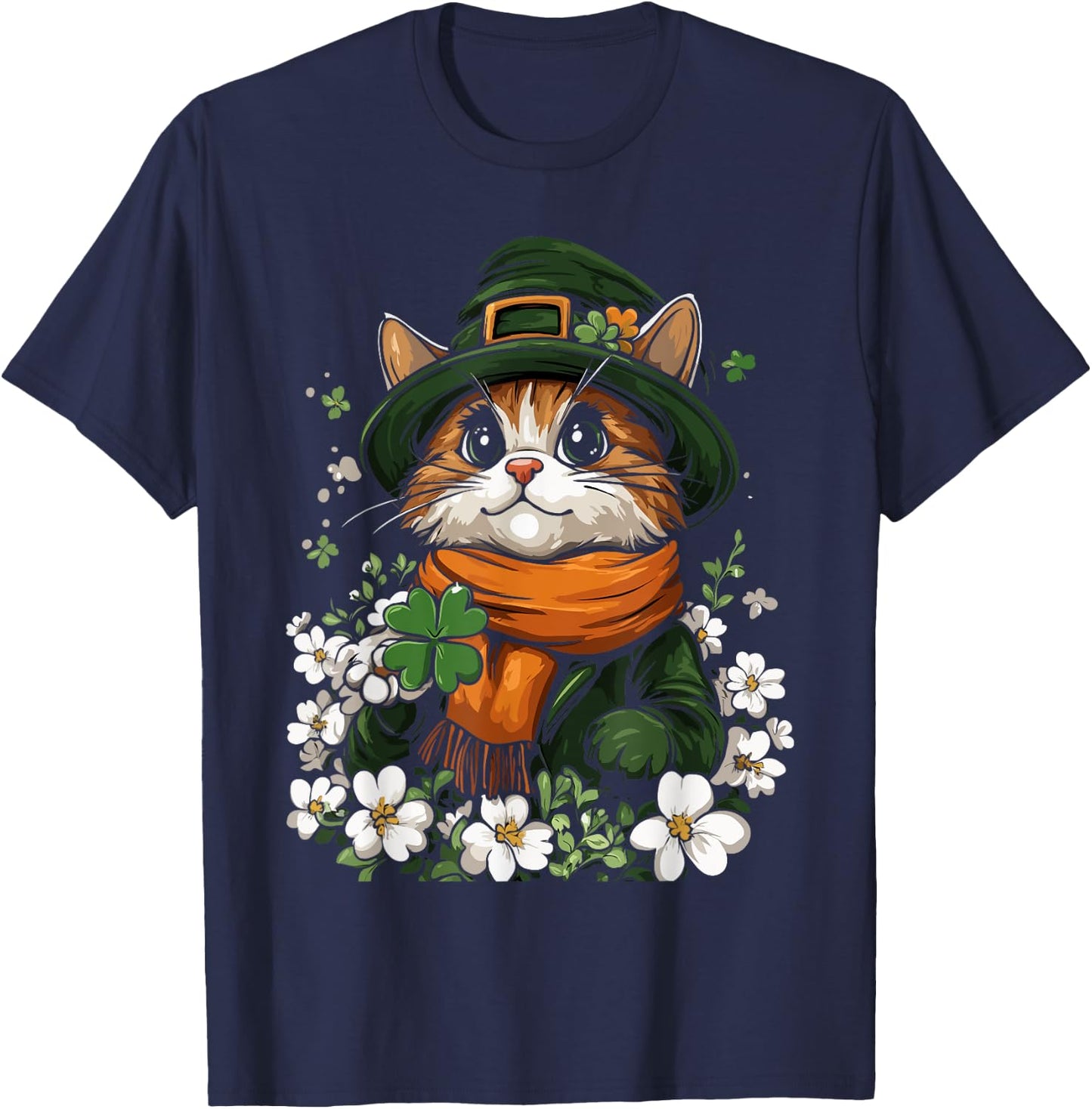 Leprechaun Cat Shamrock Girls Boys Kids St Patricks Day Cat T-Shirt - T-Shirt | Navy