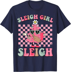 Sleigh Girl Sleigh Pink Christmas Tree Cake Belt Bag Xmas T-Shirt - T-Shirt | Navy
