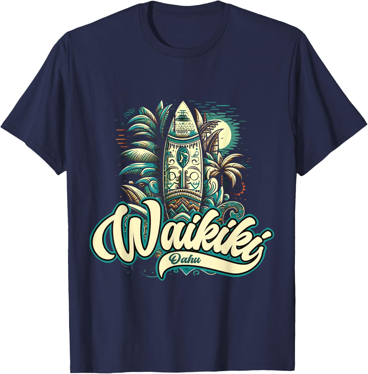 Waikiki Beach Polynesian Surf Hawaii , Black, S T-Shirt - T-Shirt | Navy