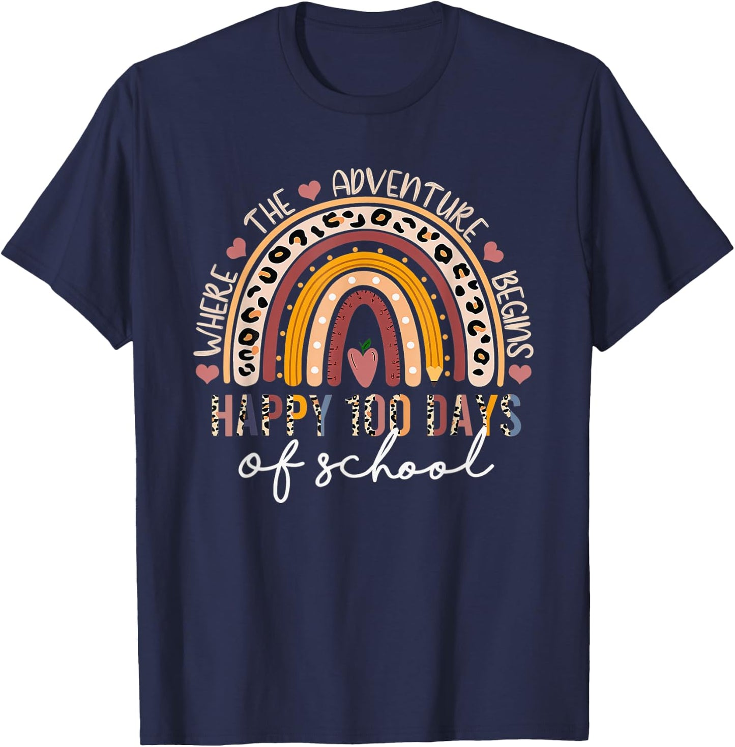 100th Day Of School Teacher 100 Days Rainbow Leopard Boho T-Shirt - T-Shirt | Navy
