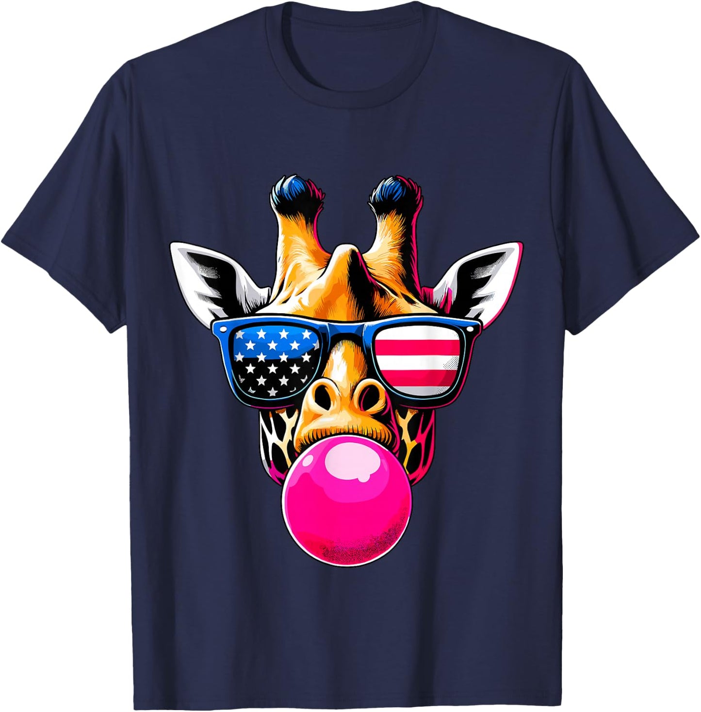 Giraffe with USA Glasses and Bubblegum 4th of July T-Shirt - T-Shirt | Navy