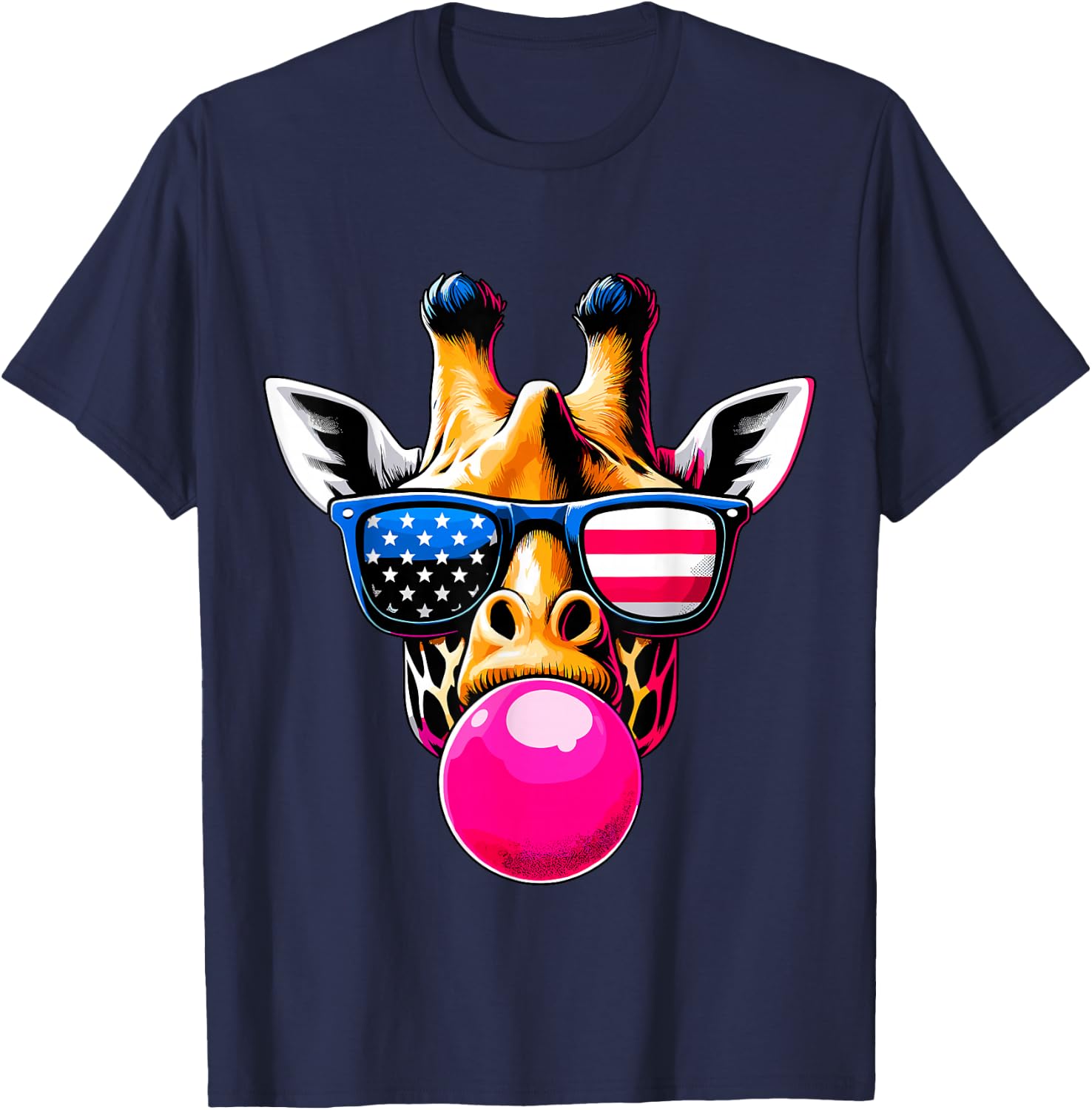 Giraffe with USA Glasses and Bubblegum 4th of July T-Shirt - T-Shirt | Navy