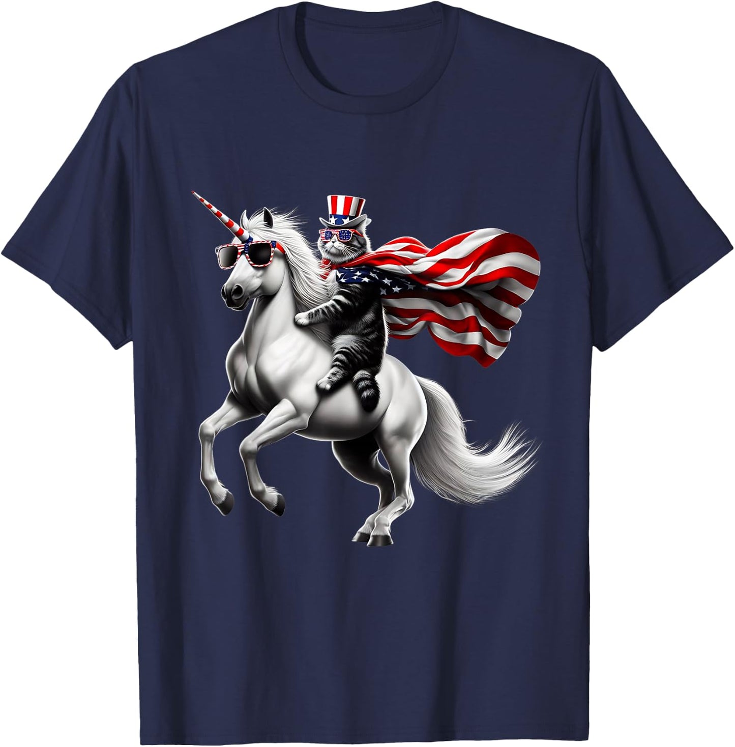Cat riding Unicorn usa flag Patriotic 4th of July T-Shirt - T-Shirt | Navy