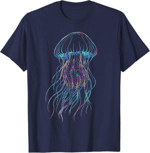 Psychedelic Jellyfish, Colourful Sea Creatures, Ocean Lovers , black T-Shirt - T-Shirt | Navy