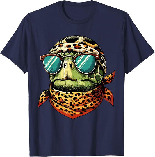Tortoise Turtle Wearing Leopard Scarf Wearing Sunglasses T-Shirt - T-Shirt | Navy