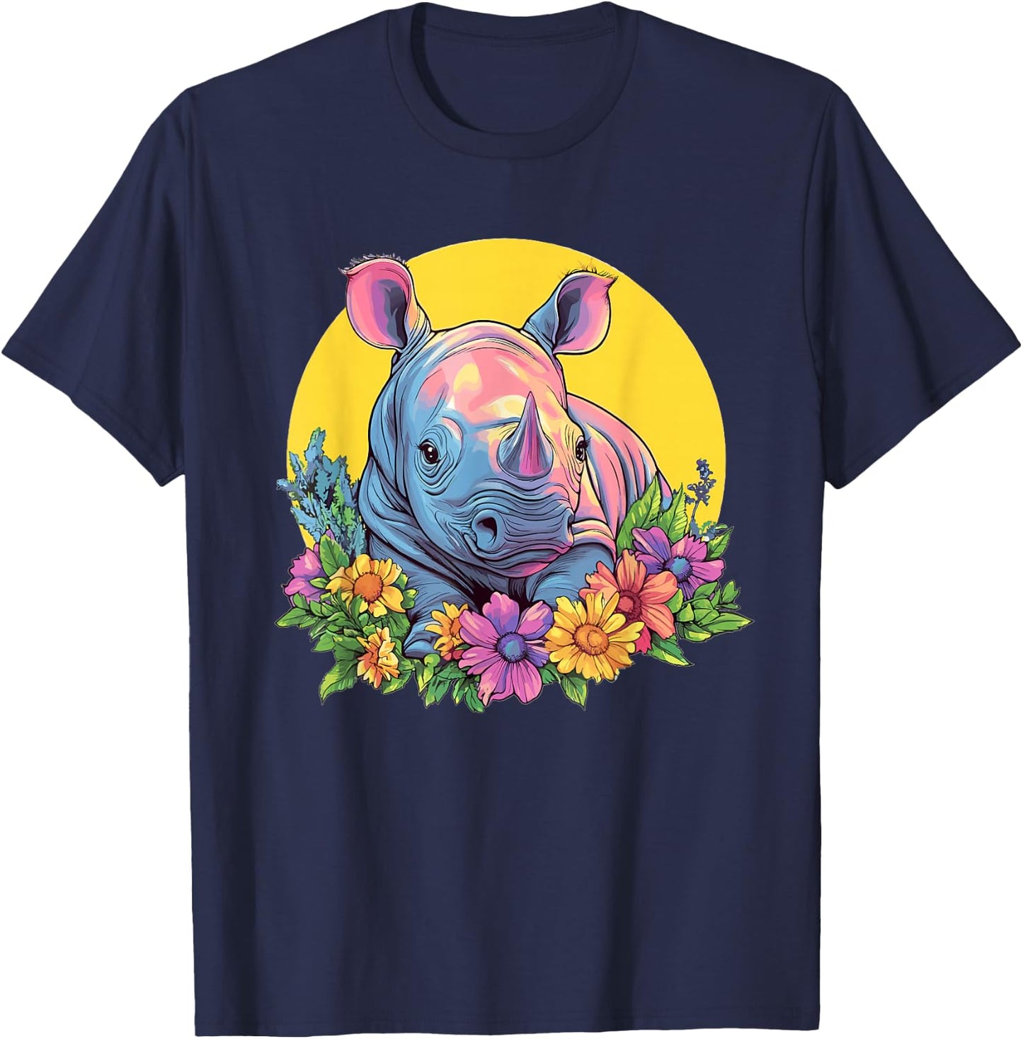 Cute Rhino With Flowers I Rhino T-Shirt - T-Shirt | Navy