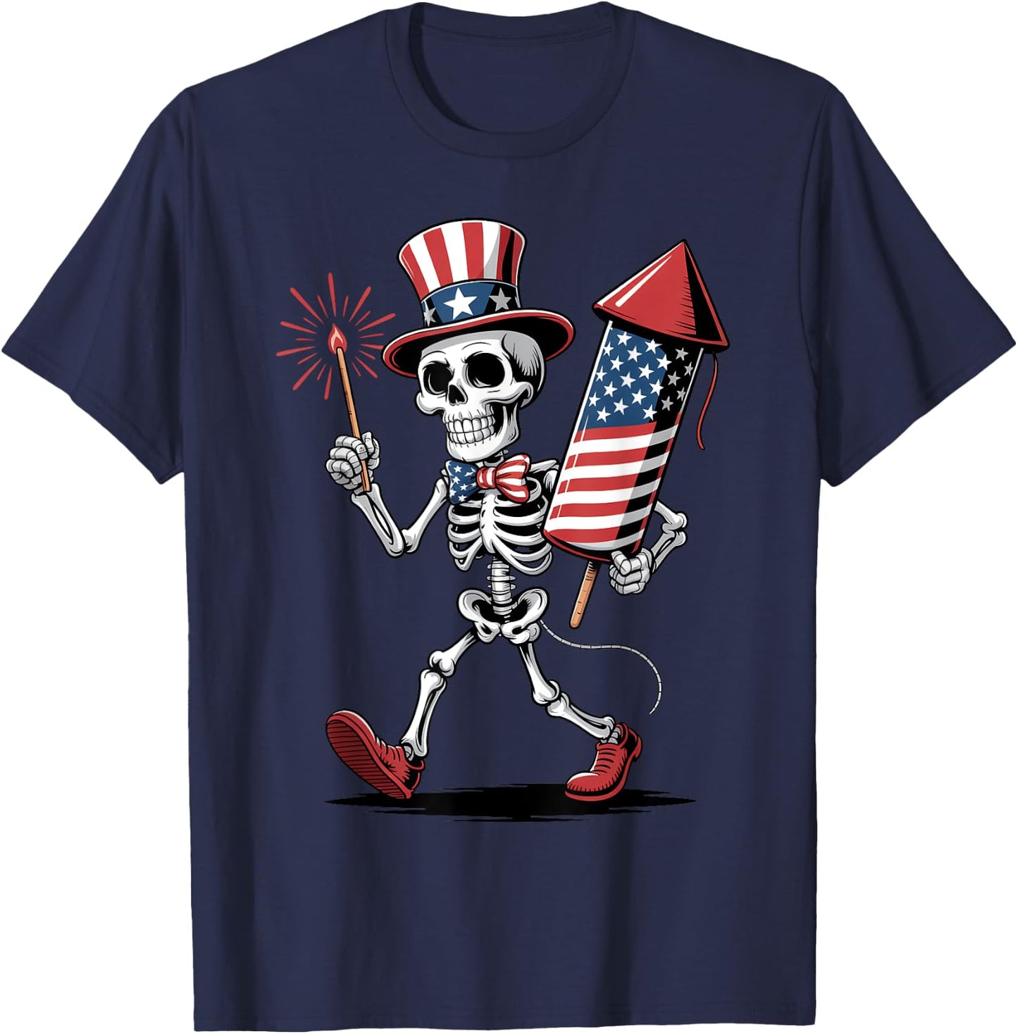 Happy 4th Of July Skeleton Holding Fireworks American Flag T-Shirt - T-Shirt | Navy