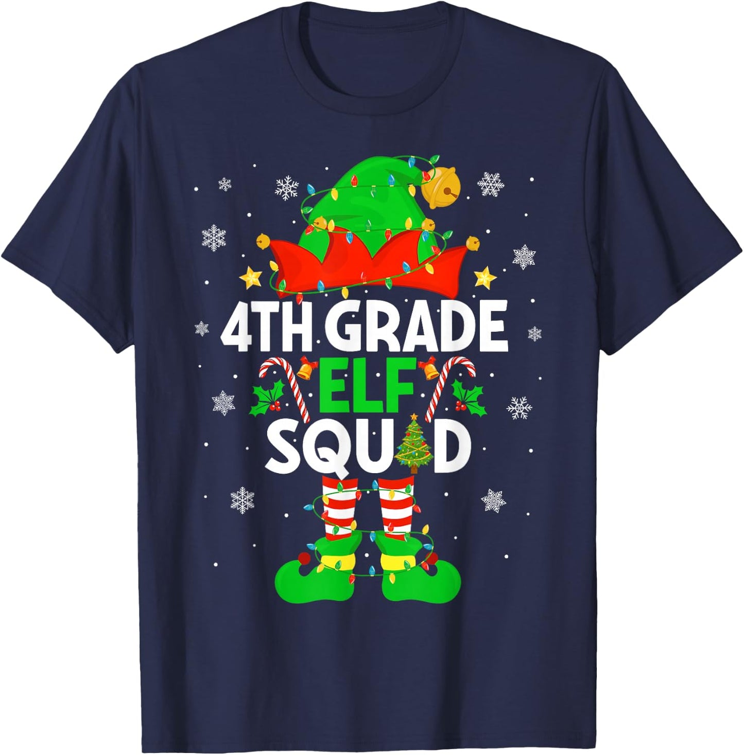 4th Grade Elf Squad Christmas Fourth Grade Christmas Teacher T-Shirt - T-Shirt | Navy