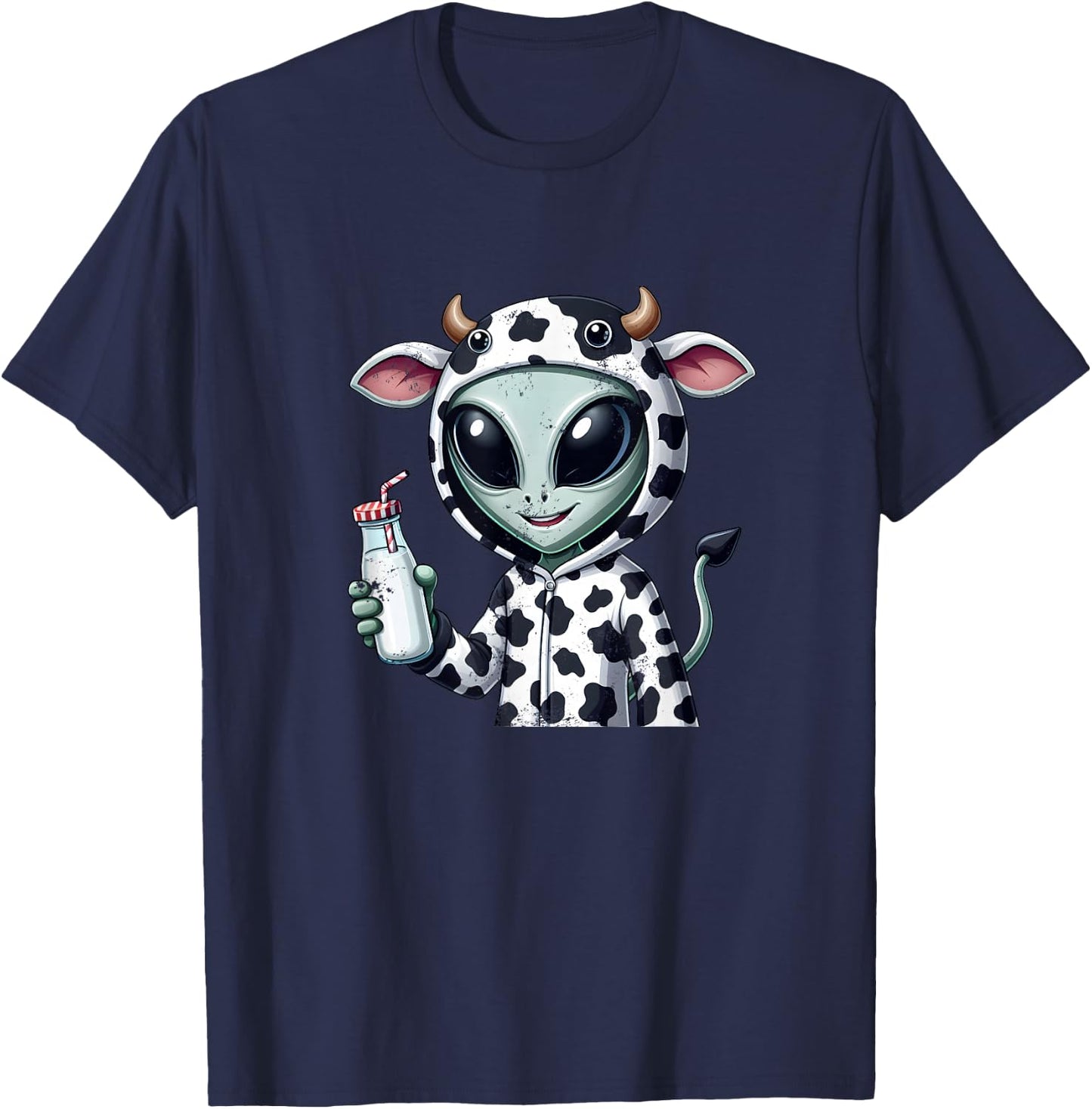 Alien in Cow Costume Holding Fresh Milk T-Shirt - T-Shirt | Navy