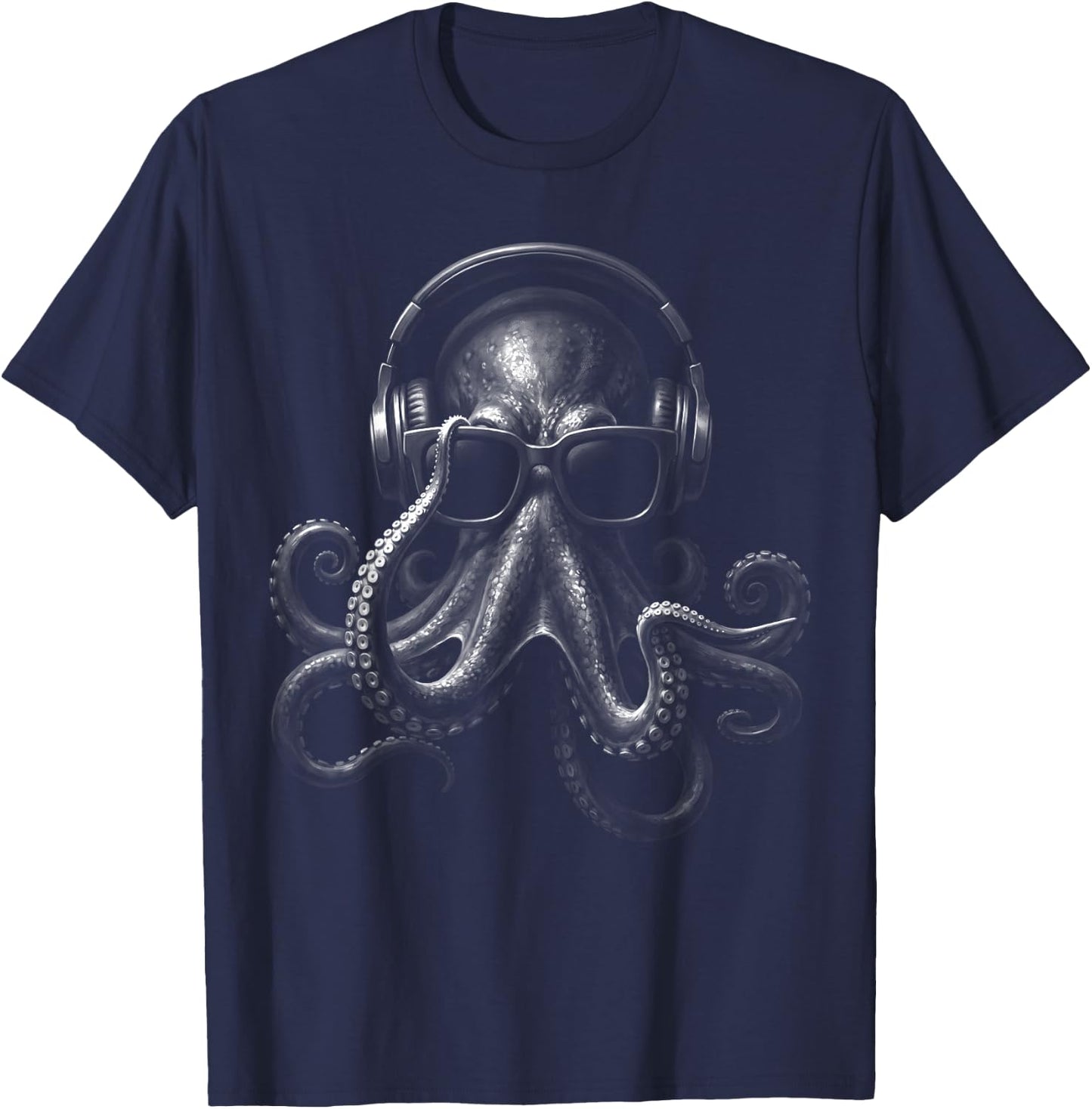 Octopus with Headphones Sunglasses DJ Music T-Shirt - T-Shirt | Navy