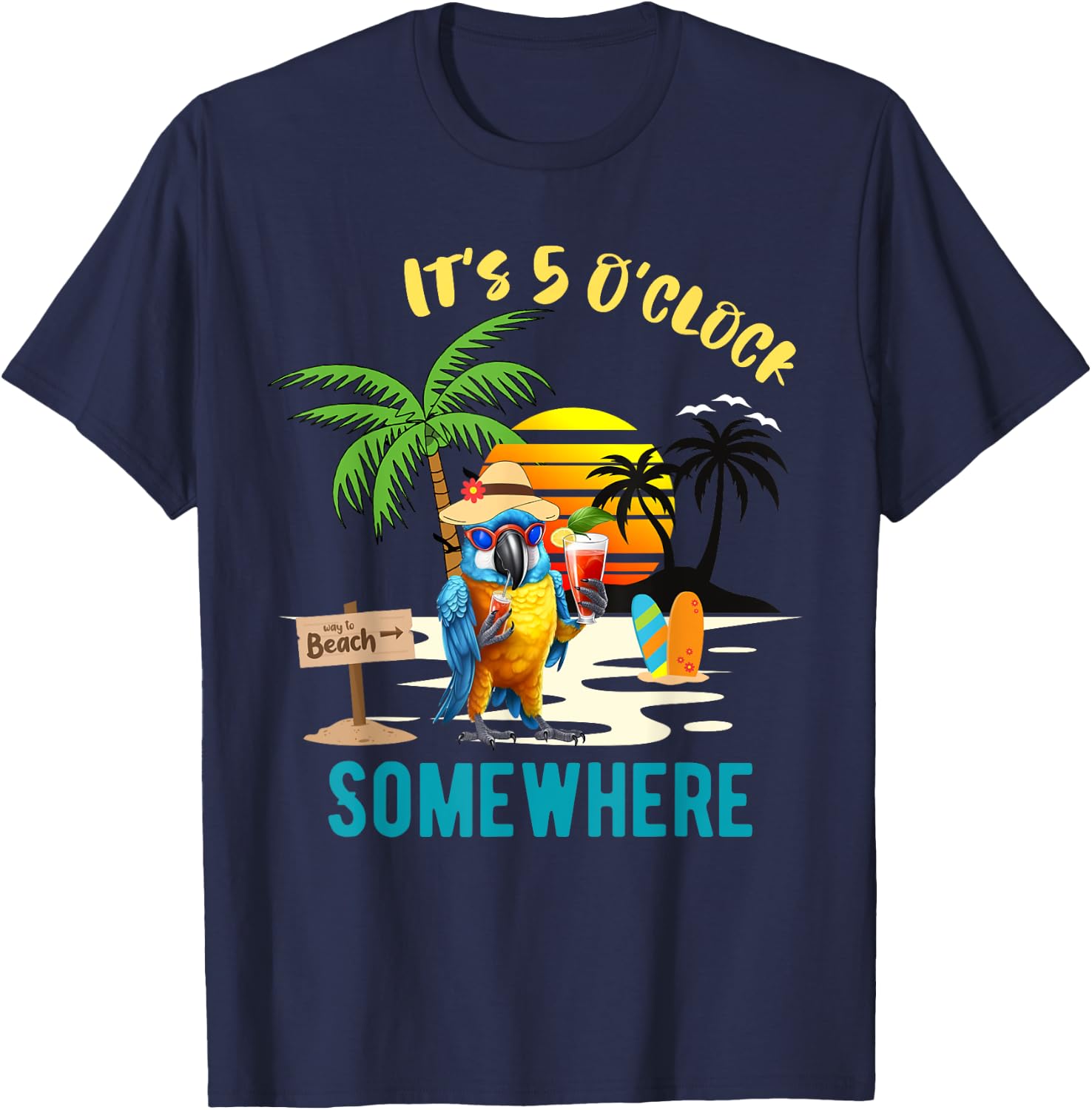 It's 5 O’clock Somewhere Parrot Sunset Drinking T-Shirt - T-Shirt | Navy