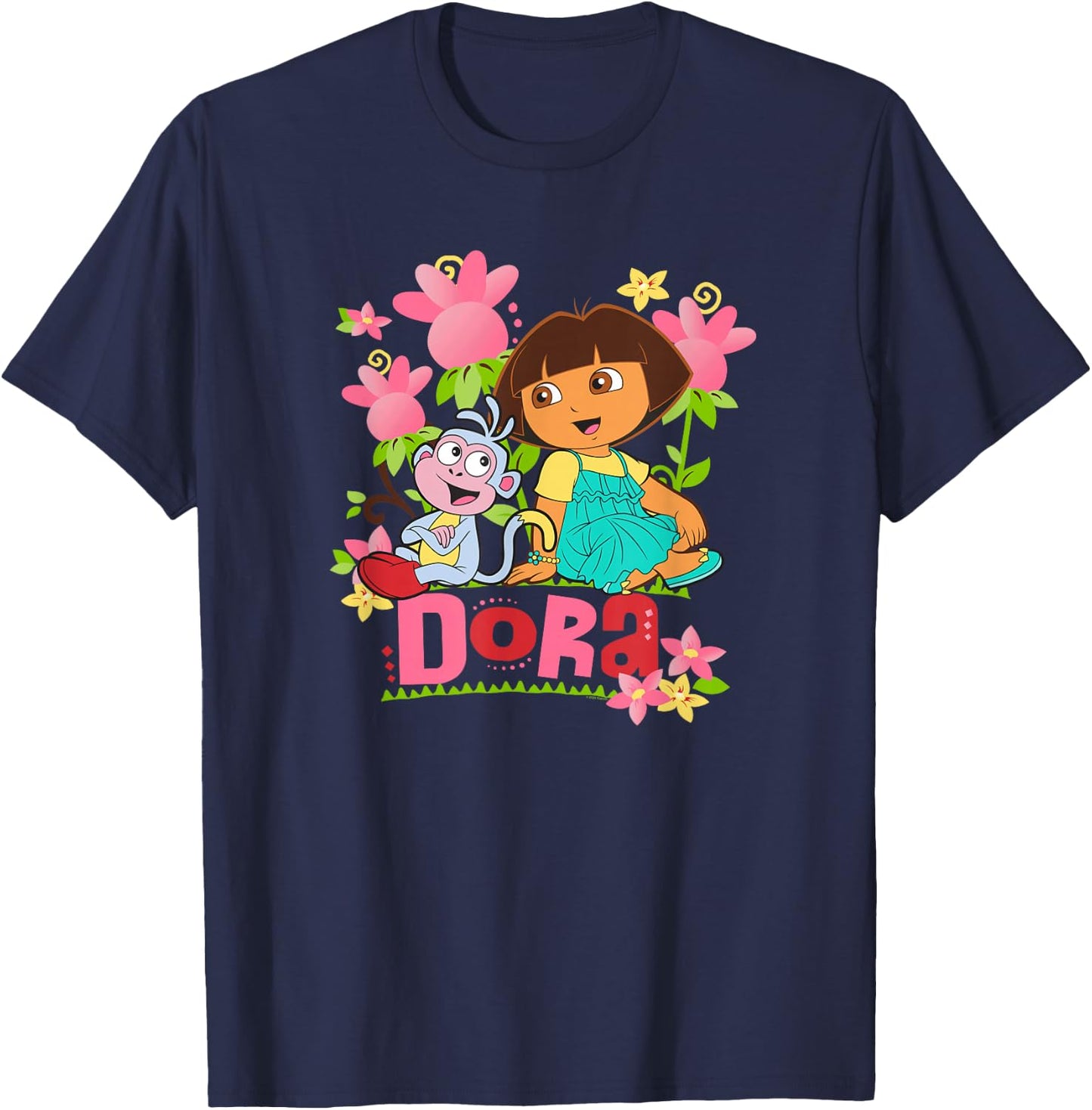 Dora The Explorer Boots Monkey Colorful Flowers , Black, S T-Shirt - T-Shirt | Navy