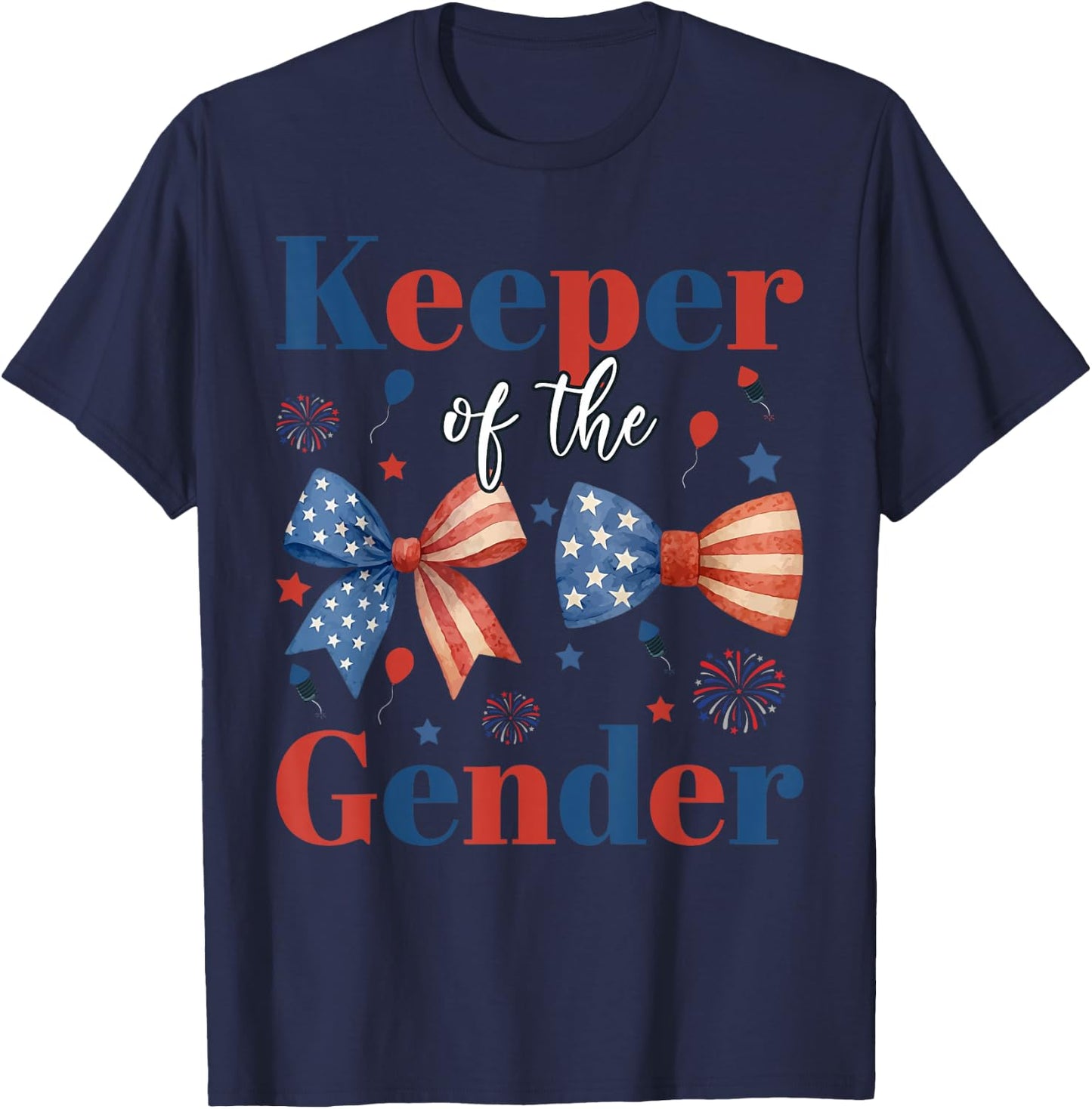 Keeper of The Gender 4th of July Bow Gender Reveal Party T-Shirt - T-Shirt | Navy