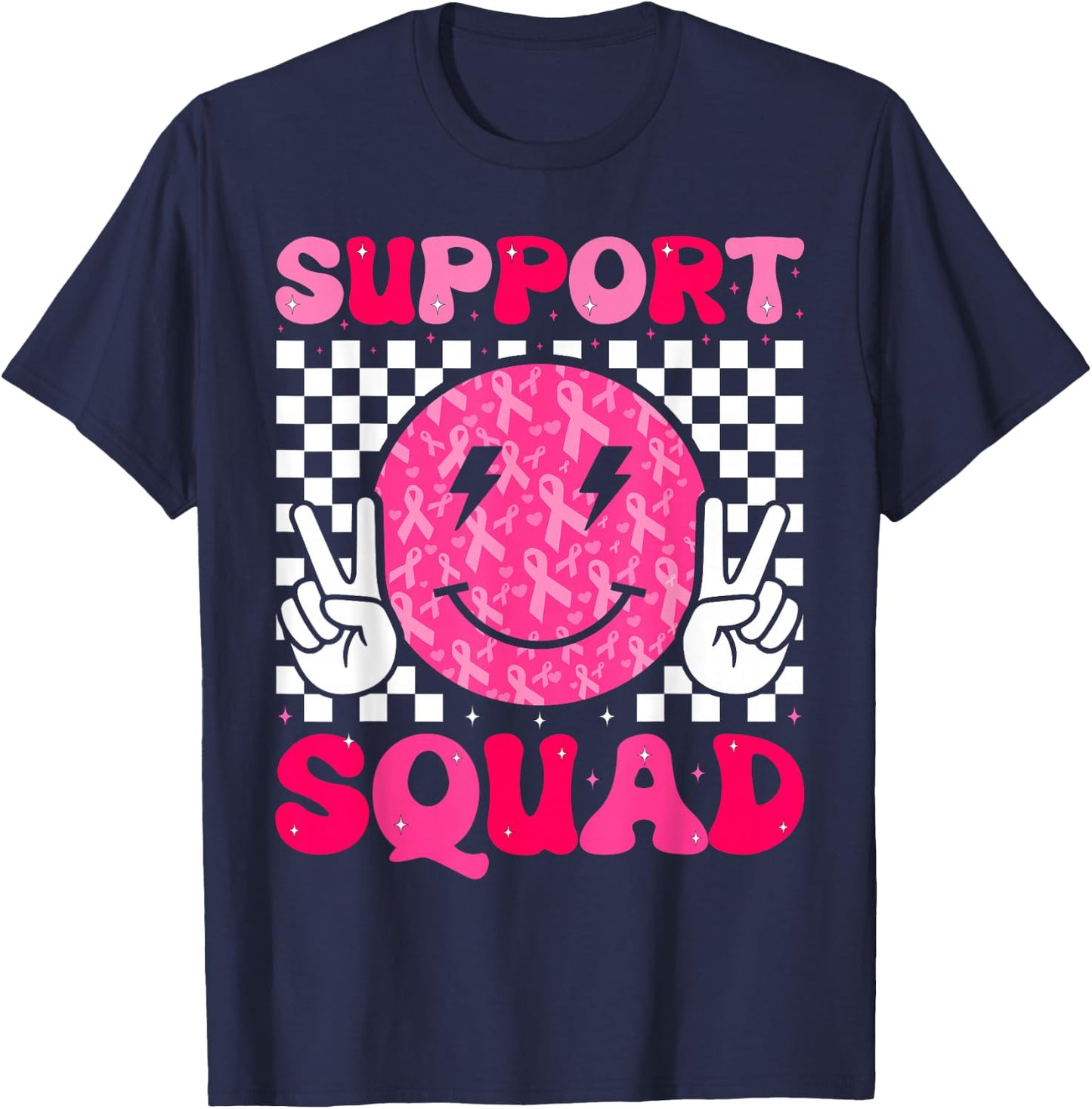 Retro Groovy Support Squad Kid Girl Breast Cancer Awareness T-Shirt - T-Shirt | Navy