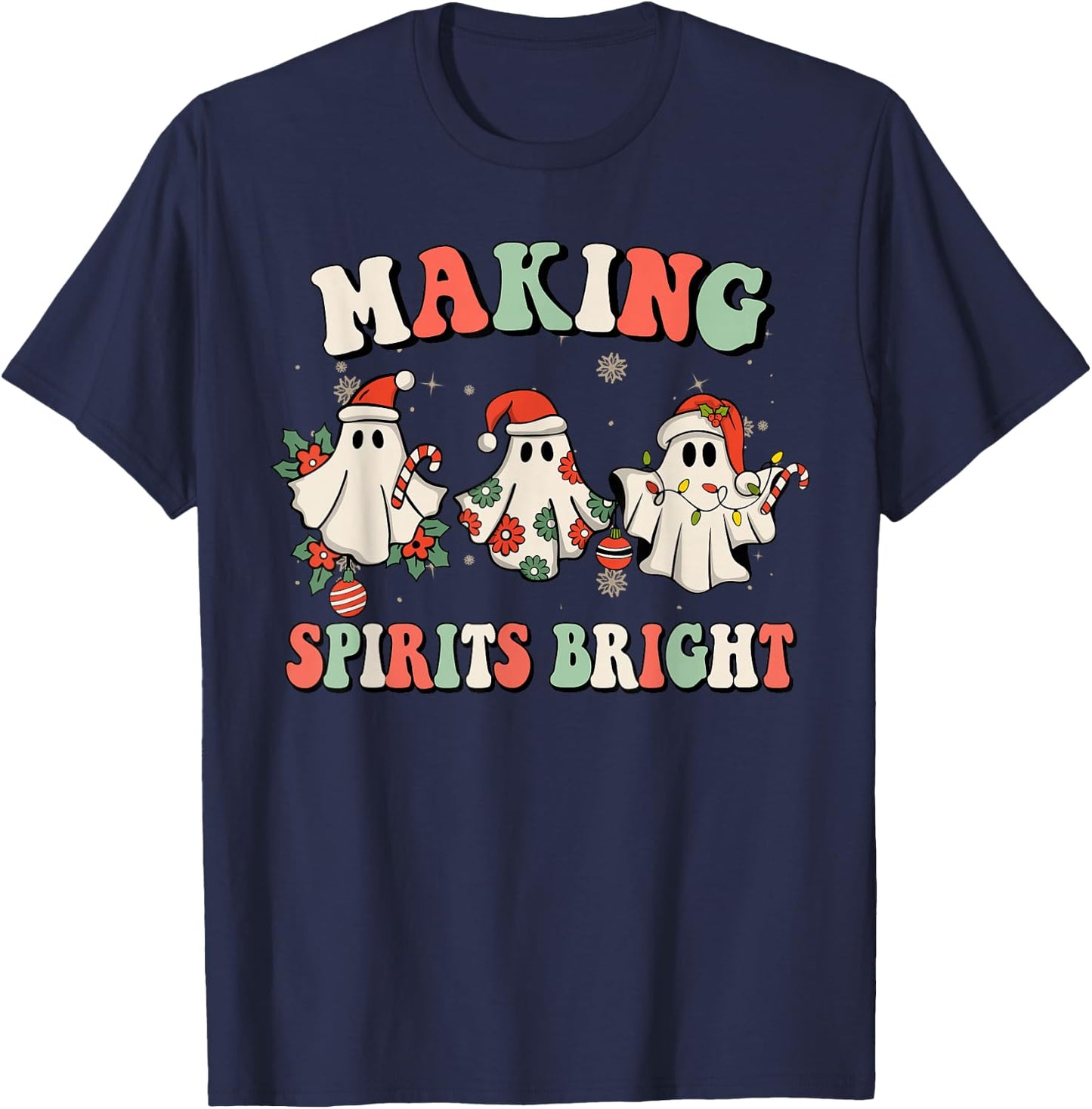 Retro Groovy Christmas Ghost Making Spirits Bright Pajamas T-Shirt - T-Shirt | Navy