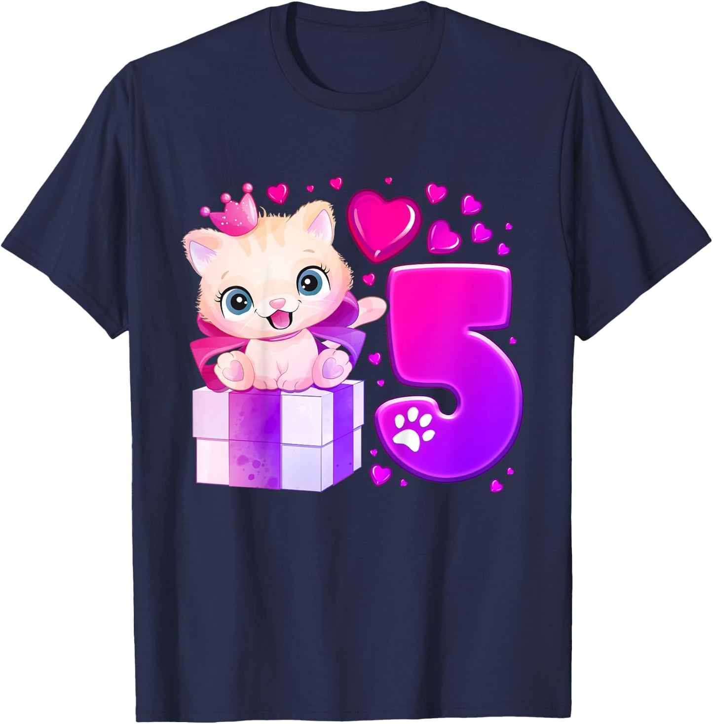 5. Geburtstag, Mädchen 5 Jahre, Katze, Nummer 5 T-Shirt - T-Shirt | Navy
