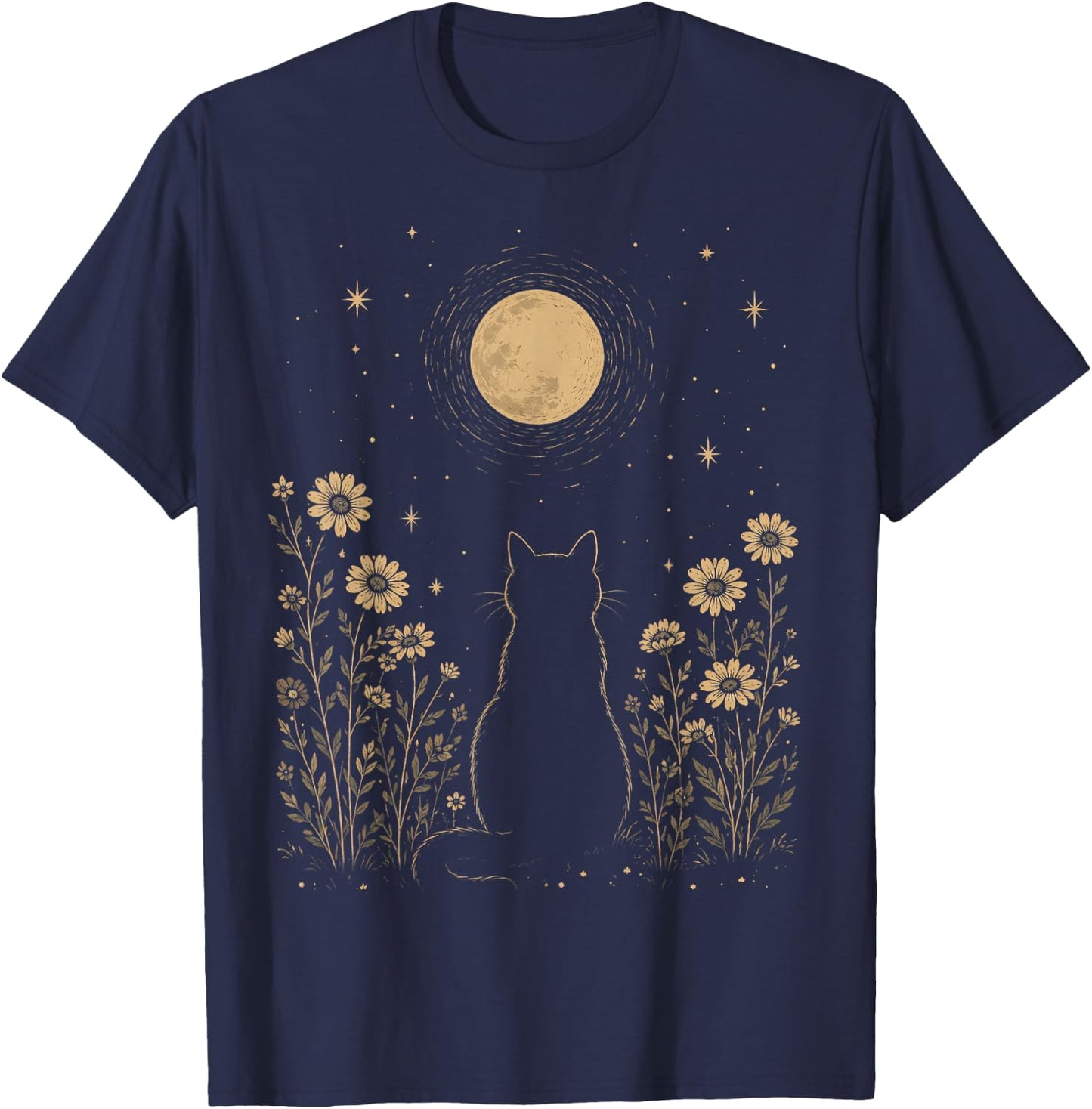 Moonlit Cat Beneath the Stars T-Shirt - T-Shirt | Navy