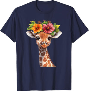 Cute Floral Giraffe With Flower Crown T-Shirt - T-Shirt | Navy