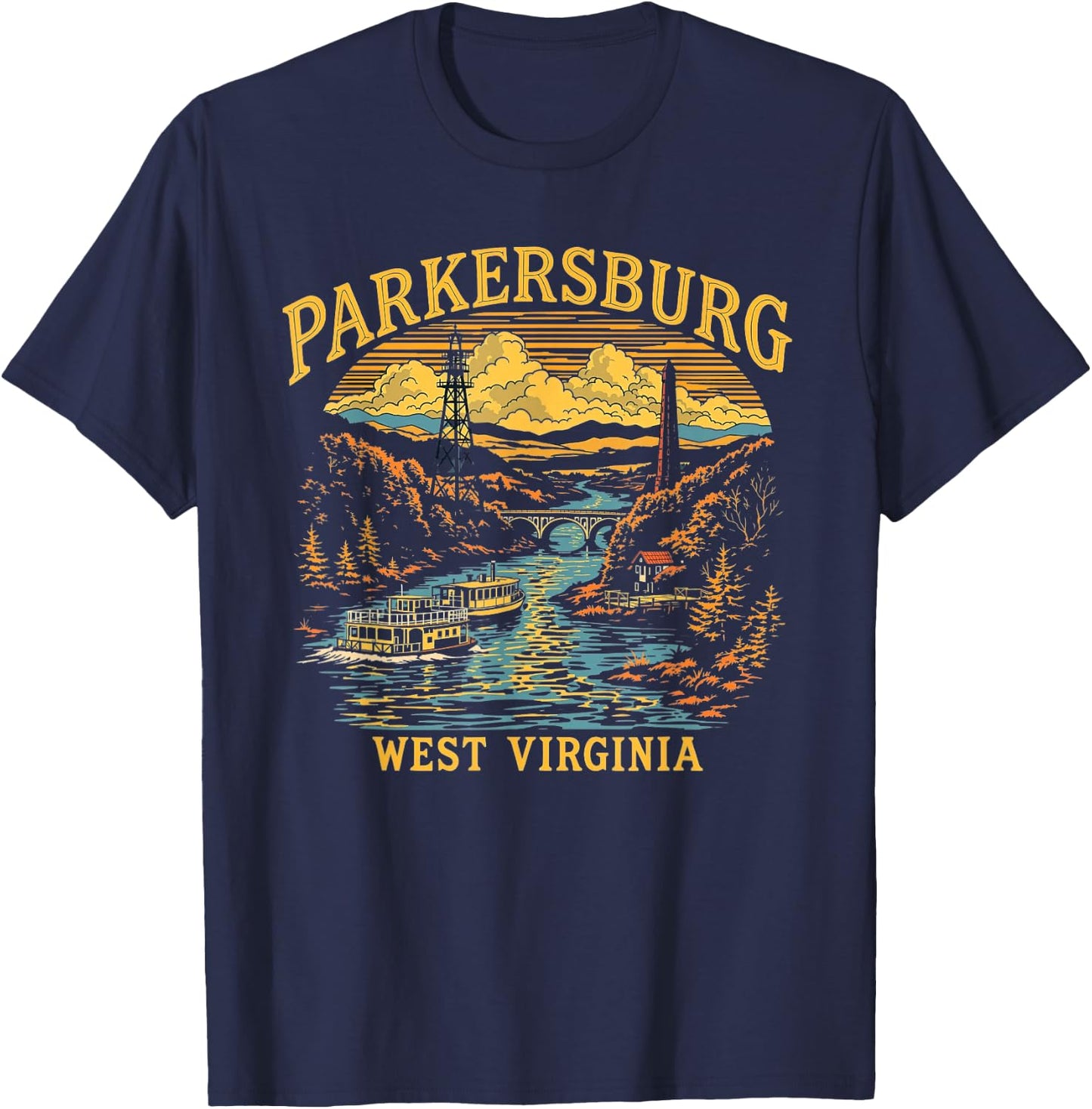 Vintage Parkersburg West Virginia Sunset Skyline Cityscape T-Shirt - T-Shirt | Navy