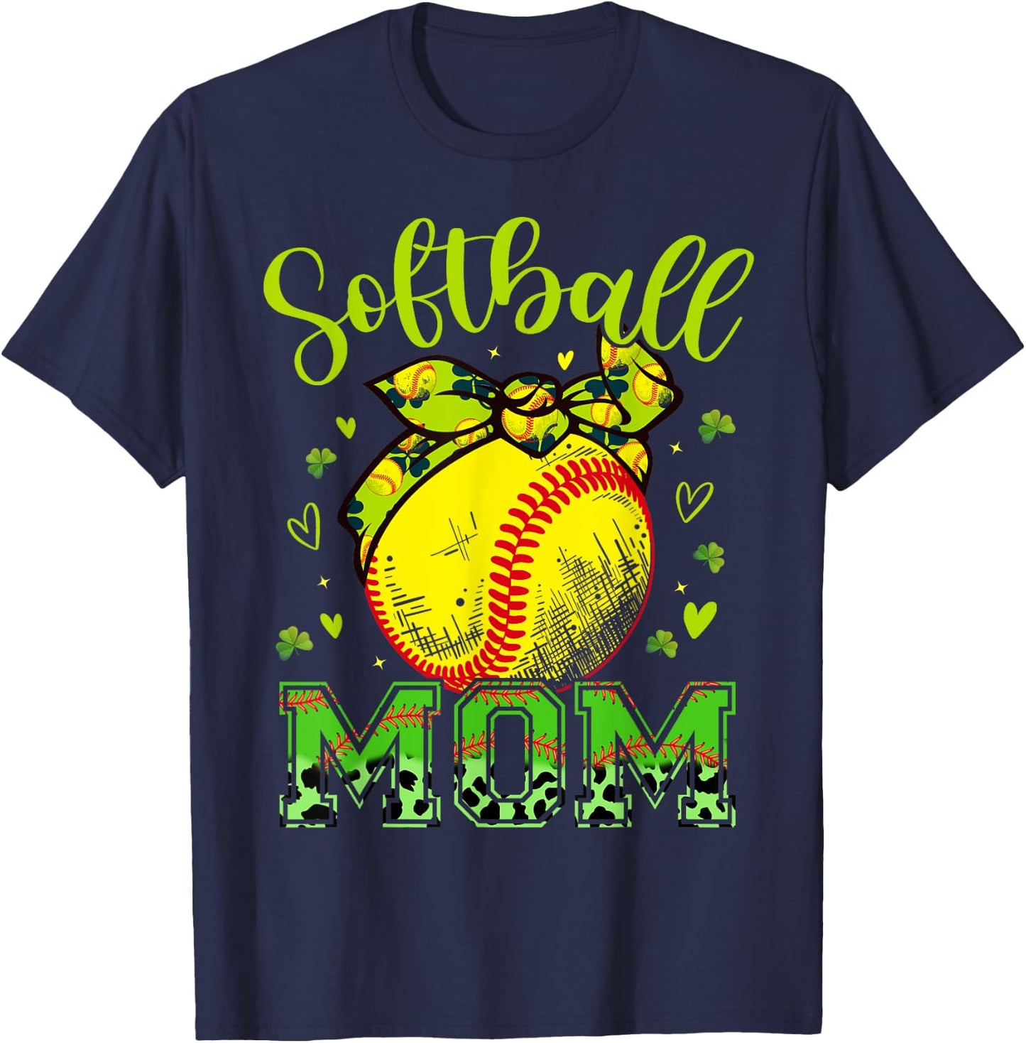 Softball Mom Headband Leopard Softball Ball St Patricks Day T-Shirt - T-Shirt | Navy