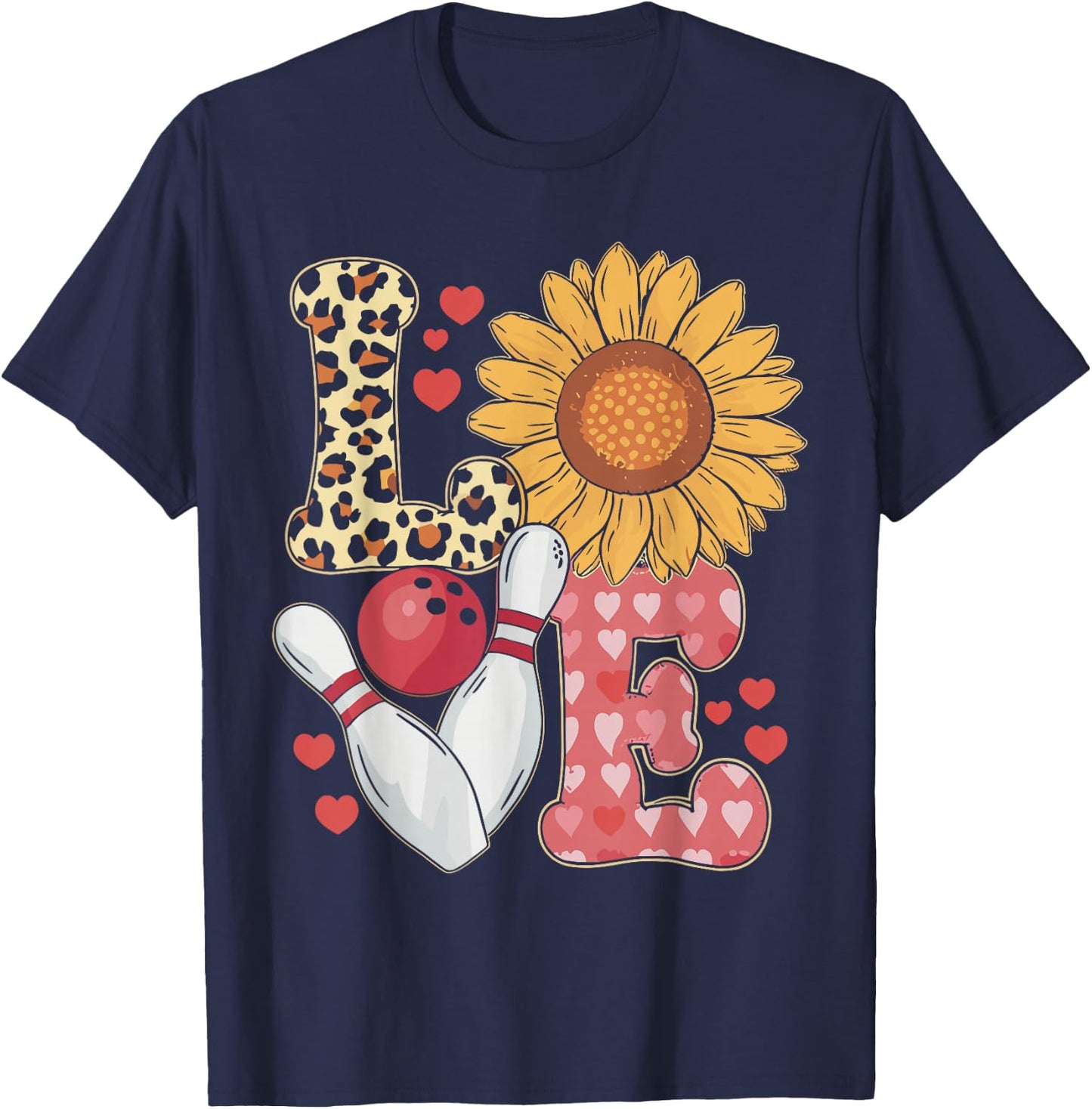Love Leopard Sunflower Bowling Valentine Bowling T-Shirt - T-Shirt | Navy
