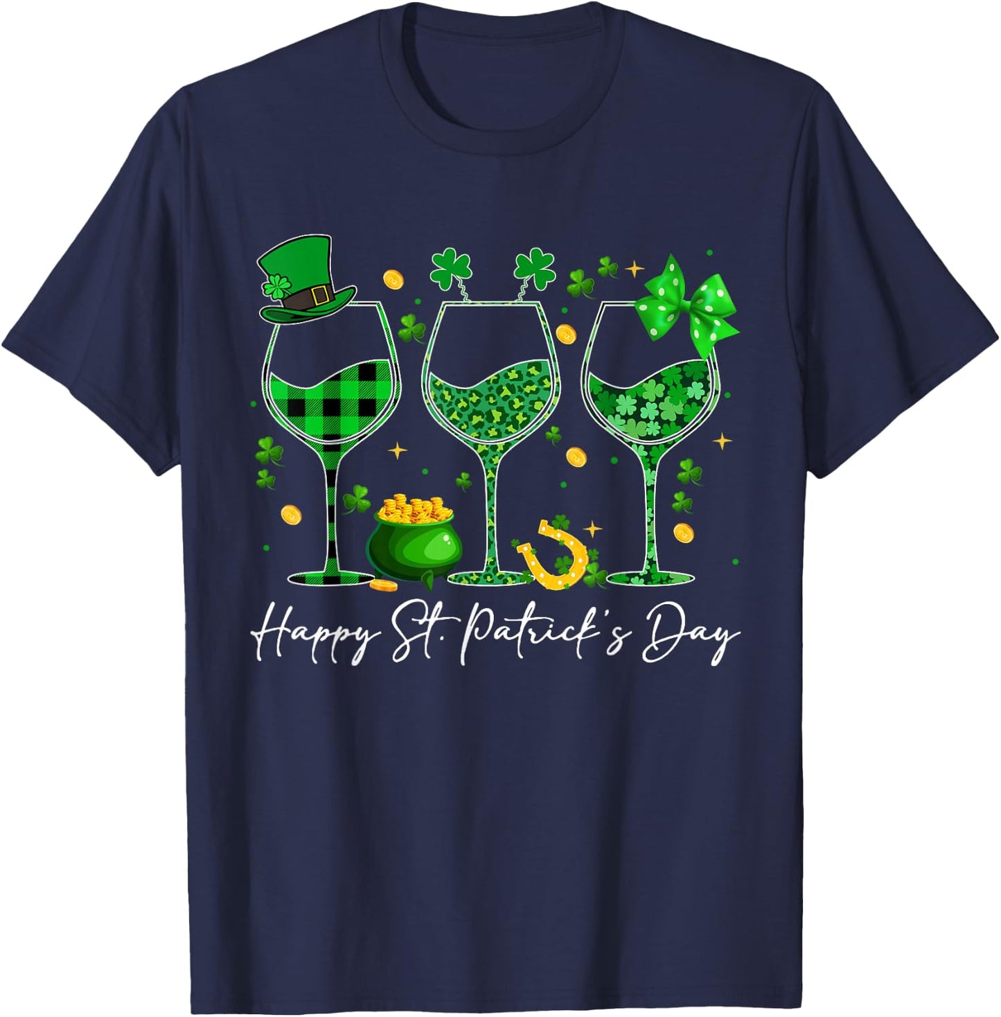 Wine St Patricks Day Leopard Green Shamrock Wine Glasses T-Shirt - T-Shirt | Navy