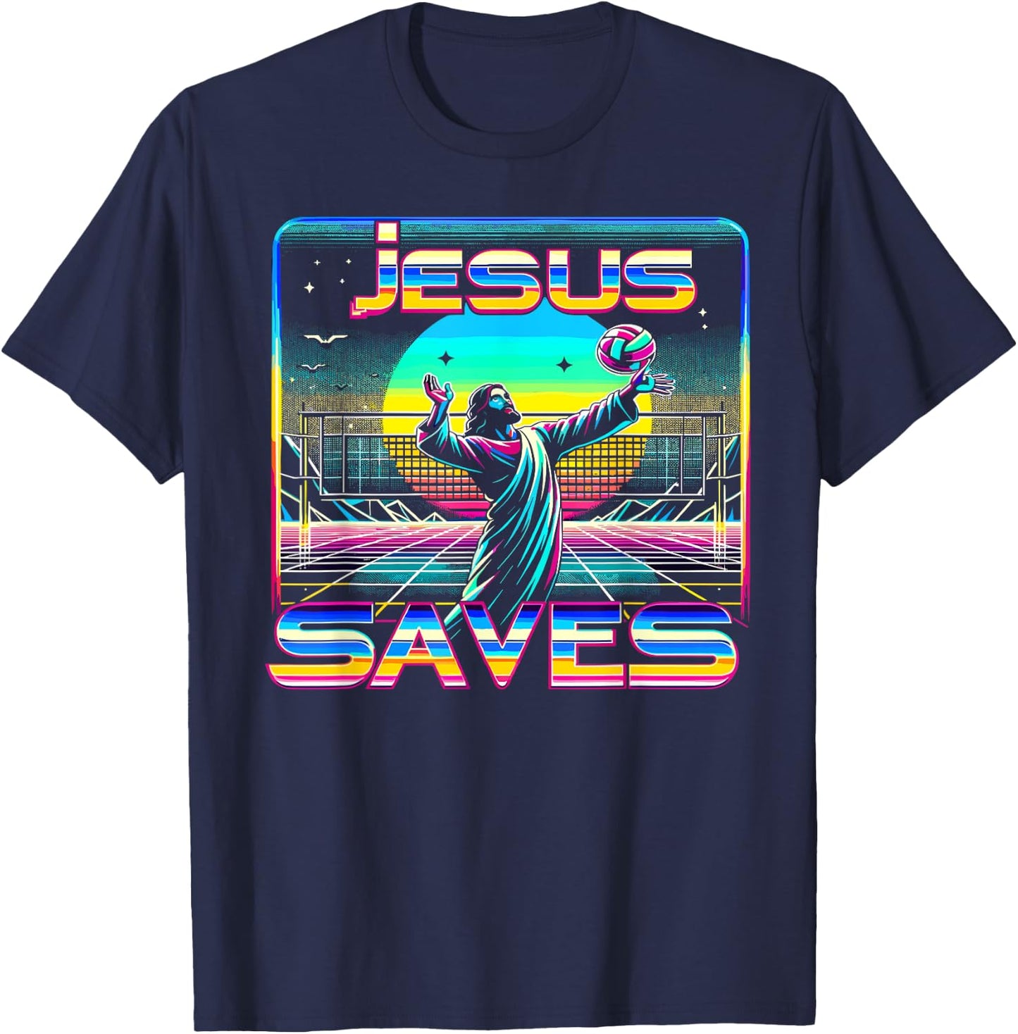80s Vaporwave Jesus Saves Volleyball T-Shirt - T-Shirt | Navy