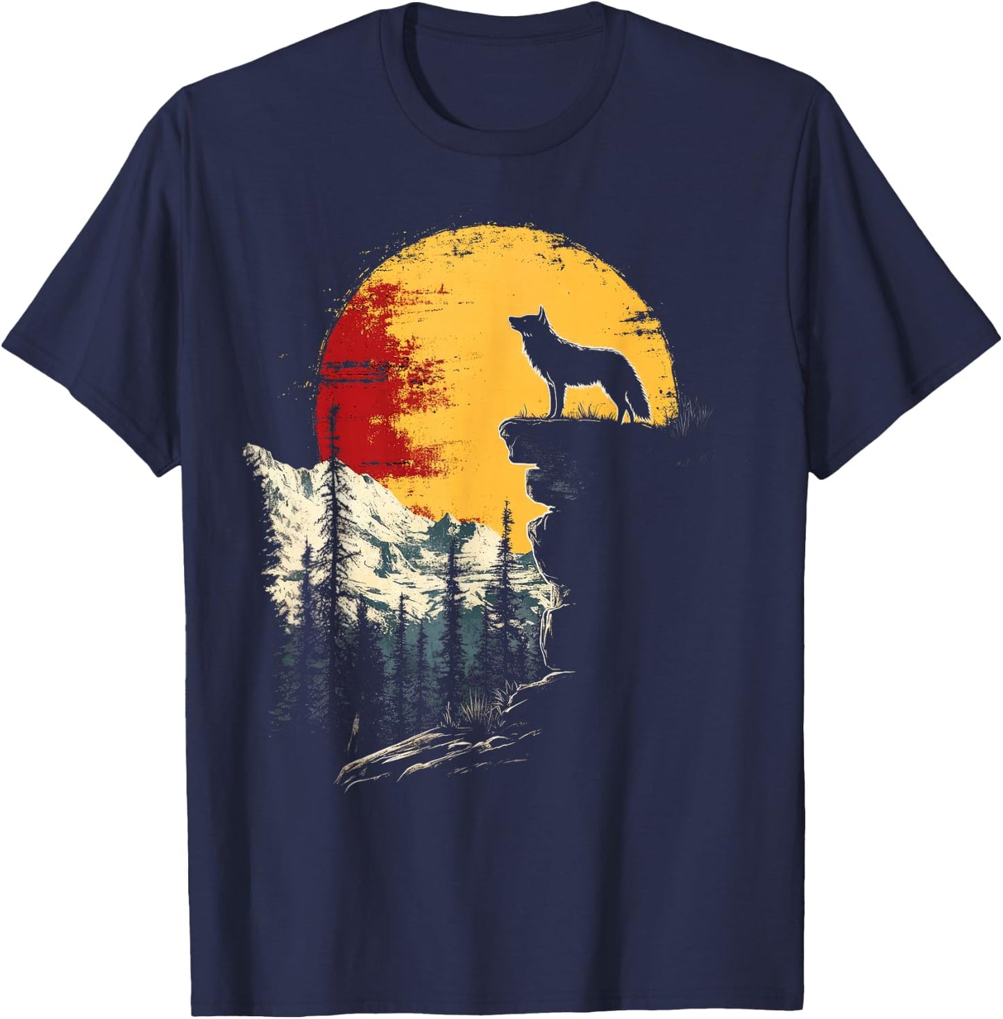 Wolf Moon Nature Mountains Wildlife Vintage T-Shirt - T-Shirt | Navy