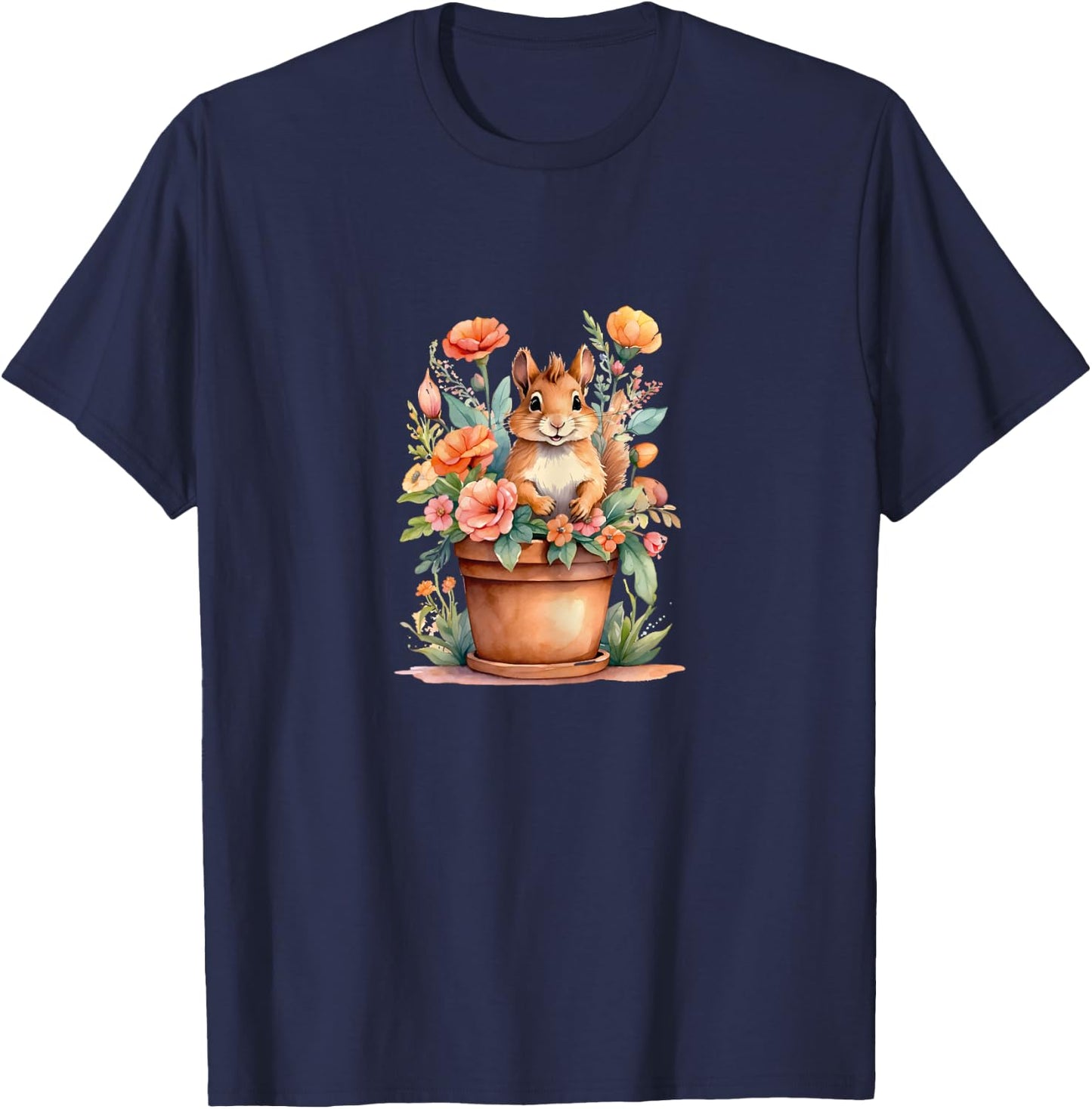 Cute Squirrel and Spring Flowers T-Shirt - T-Shirt | Navy