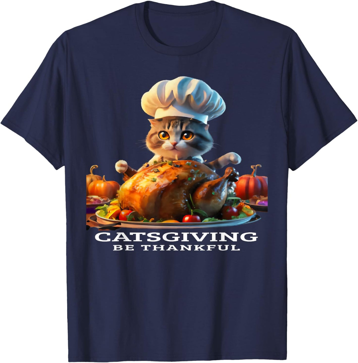 Catsgiving, Be Thankful, Cat Chef Serving Thanksgiving T-Shirt - T-Shirt | Navy