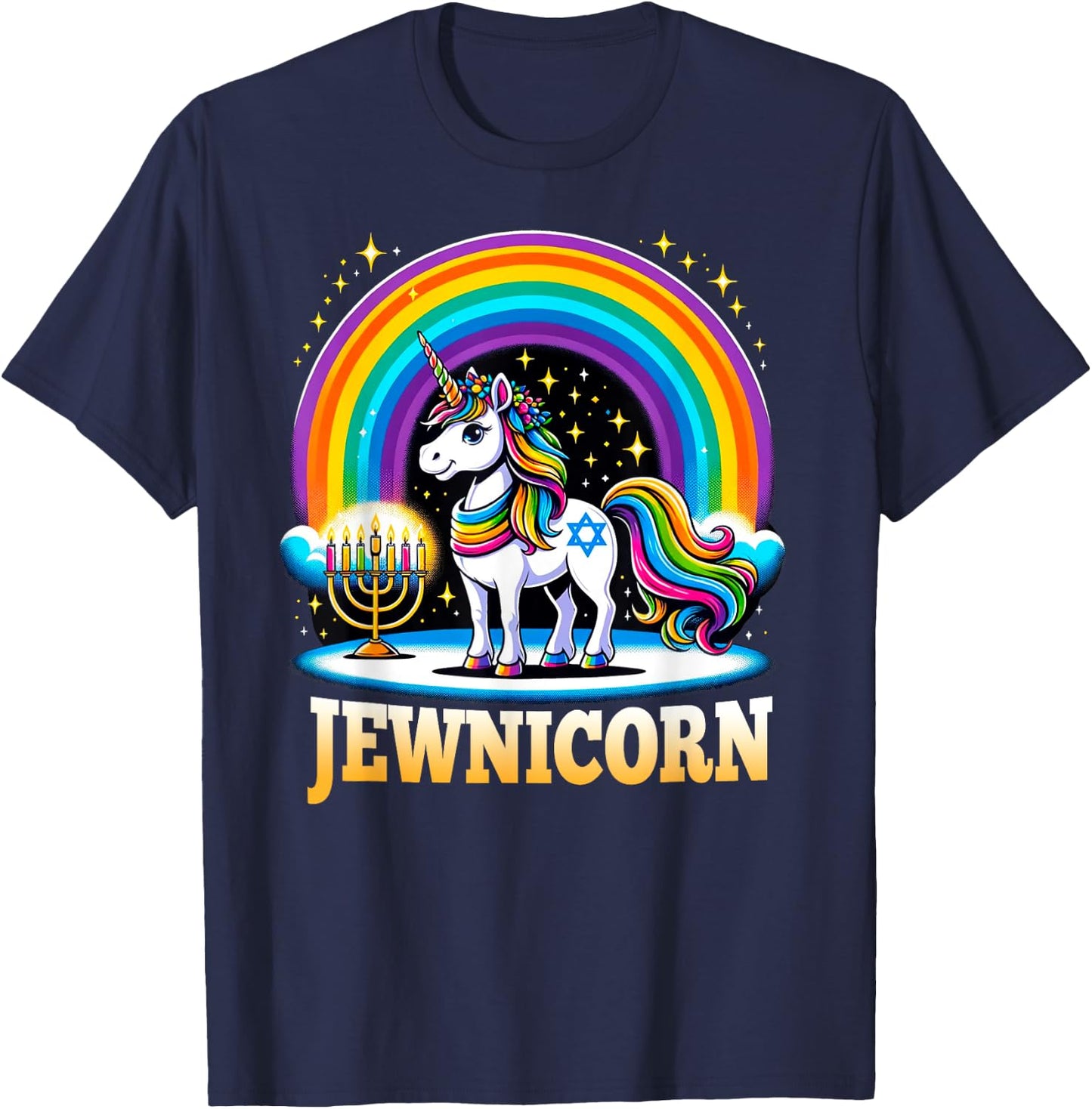 Jewnicorn Jewish Pride Unicorn Menorah Rainbow T-Shirt - T-Shirt | Navy