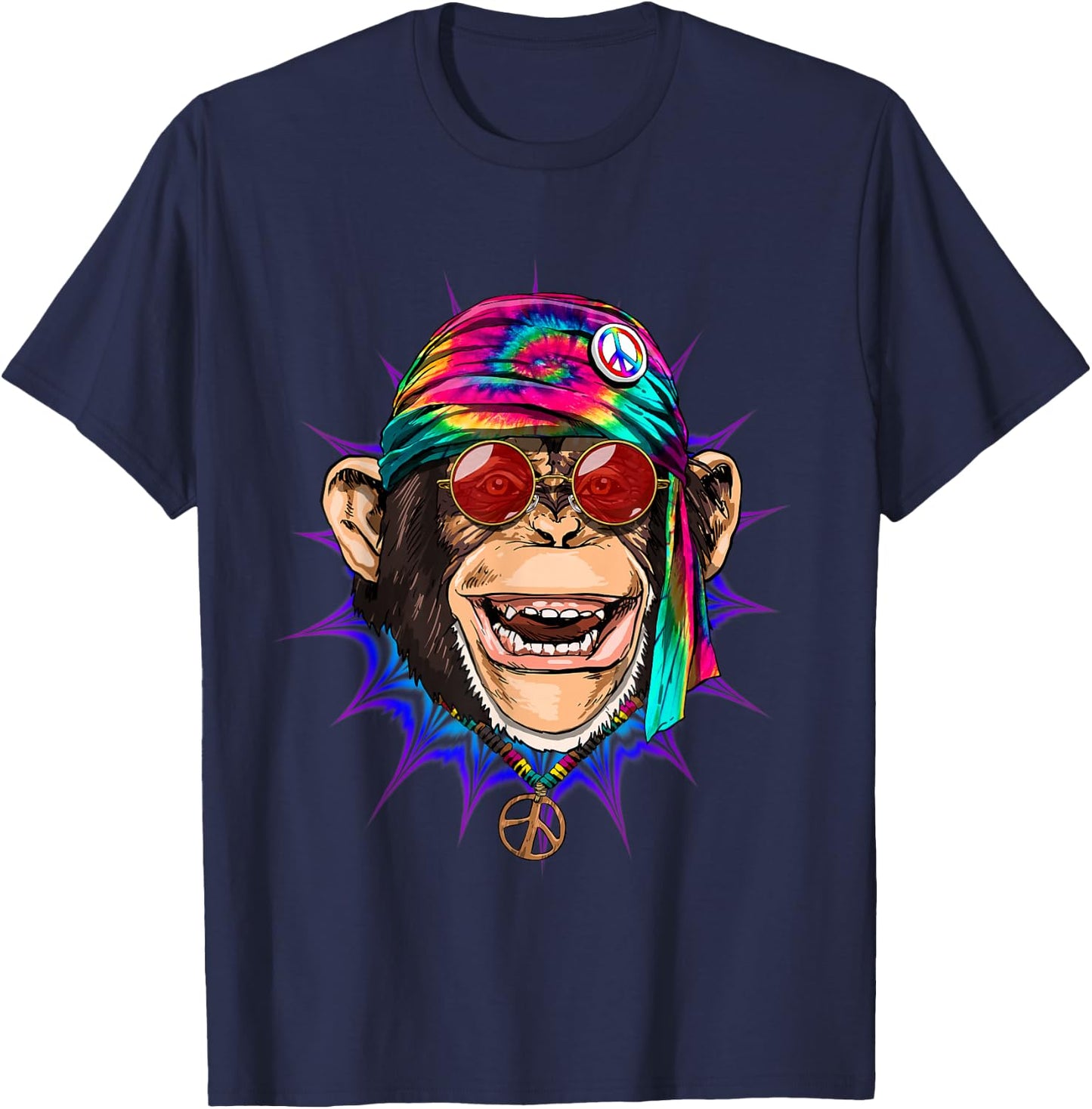 Tie Dye Hippie Monkey Hippiness Peace Love Monkey T-Shirt - T-Shirt | Navy
