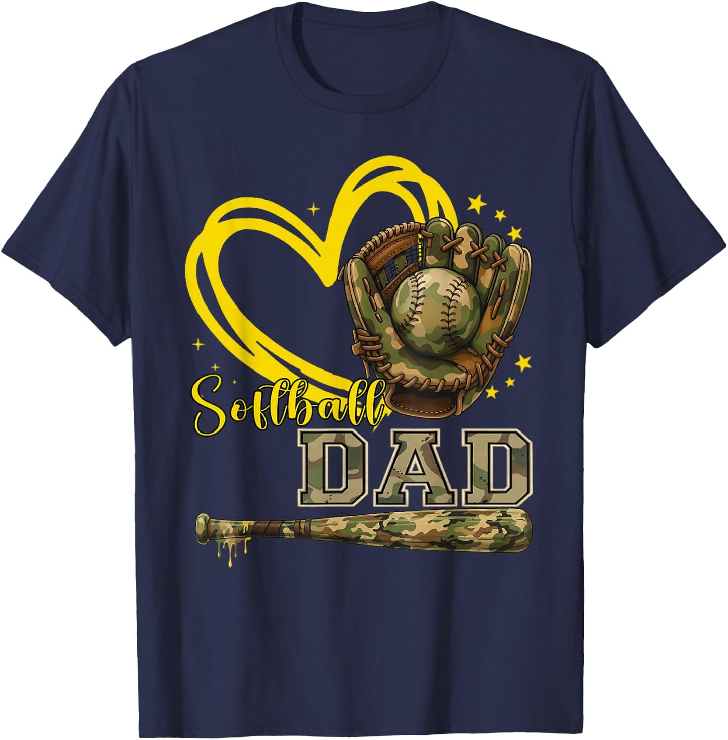 Softball Dad Camo Heart Father Daddy Papa Family Pride T-Shirt - T-Shirt | Navy