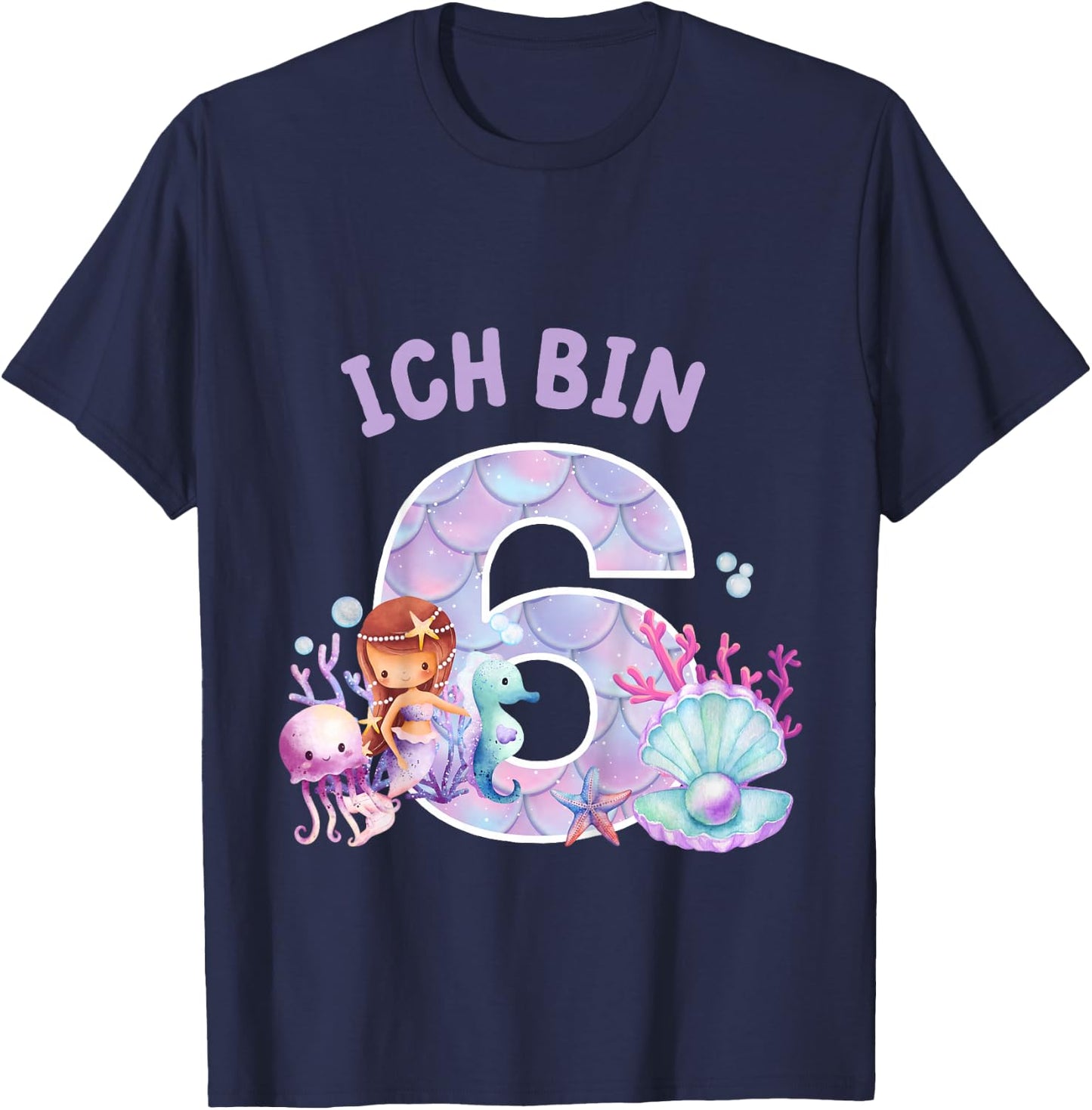 Kids Kids 6th Birthday Shirt Mermaid Mermaid Girls 6 Years , black T-Shirt - T-Shirt | Navy