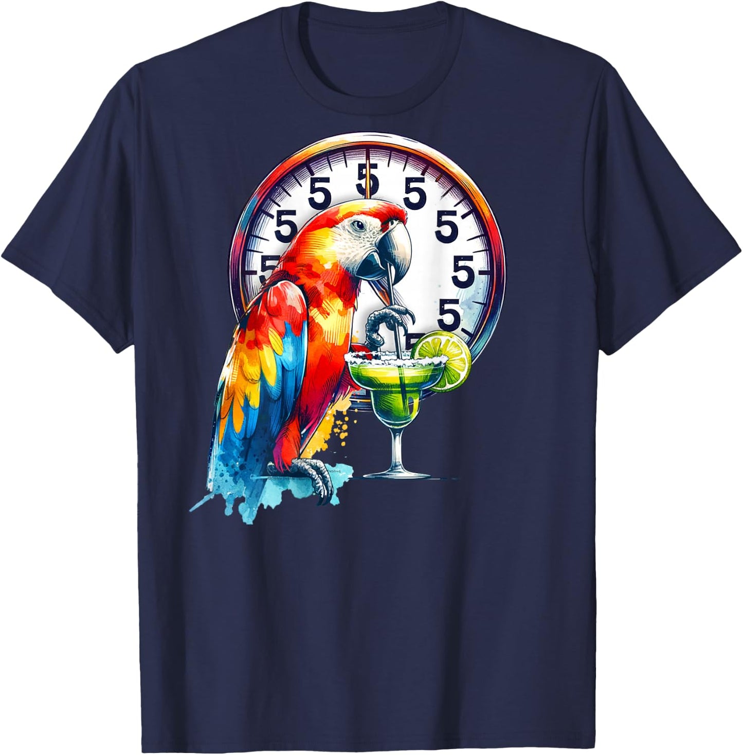 On Back Always 5 O'clock Colorful Parrot Drinking Margarita T-Shirt - T-Shirt | Navy