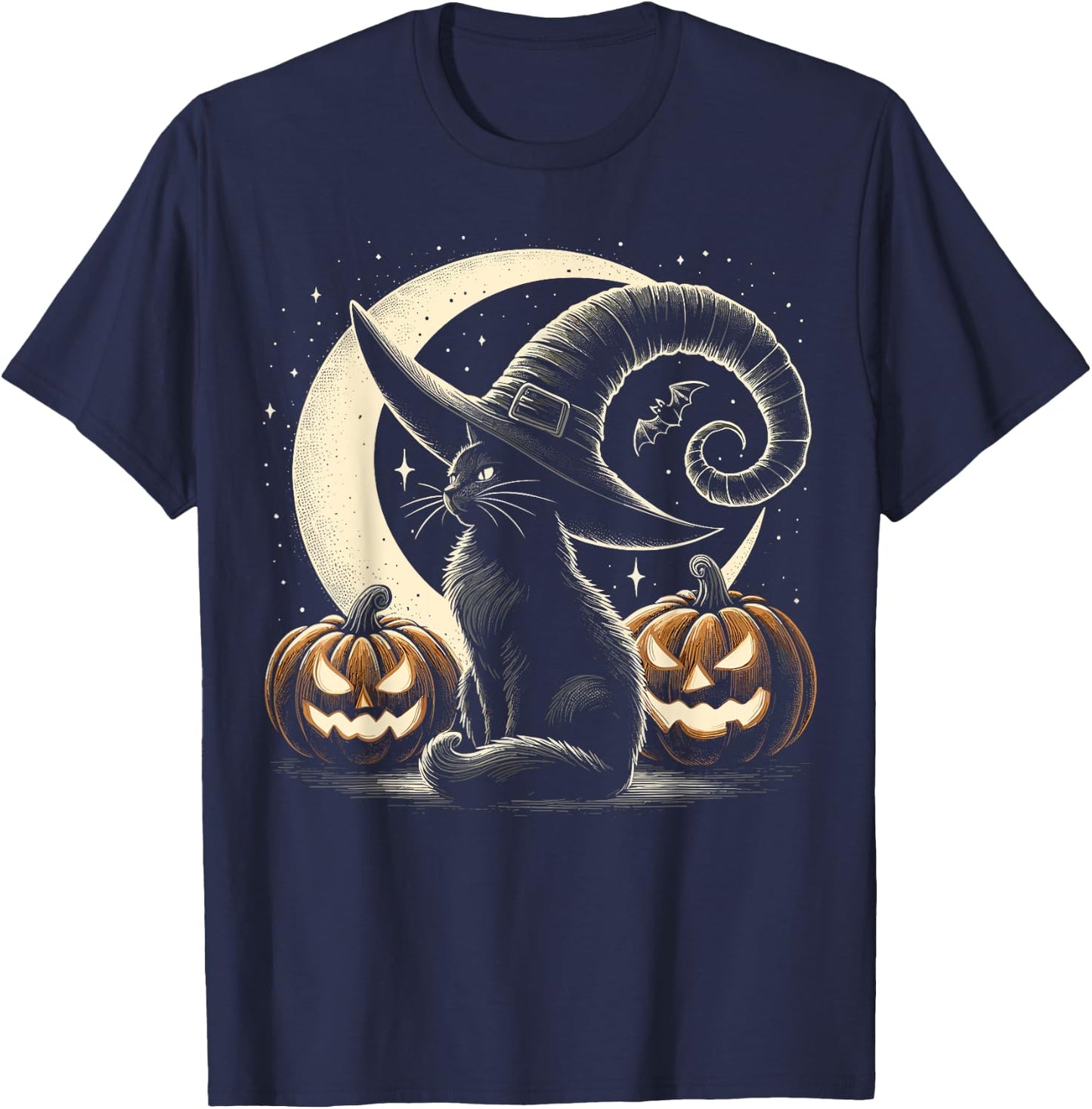 Black Cat Halloween Retro Pumpkin Costume Cat Women Kids T-Shirt - T-Shirt | Navy