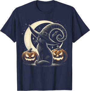 Black Cat Halloween Retro Pumpkin Costume Cat Women Kids T-Shirt - T-Shirt | Navy