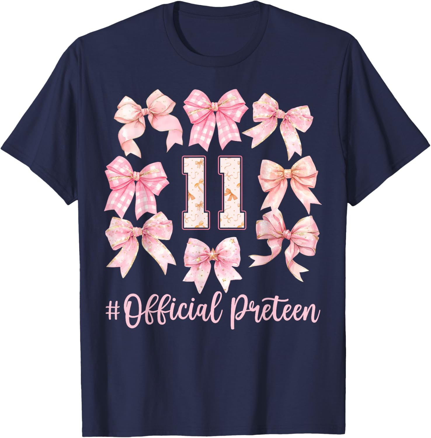 11th Birthday Girl Coquette Bow Official Preteen Girls T-Shirt - T-Shirt | Navy