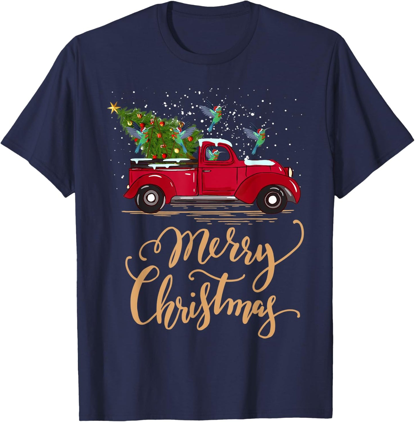 Hummingbird Driving Christmas Tree Truck Hummingbird Xmas T-Shirt - T-Shirt | Navy