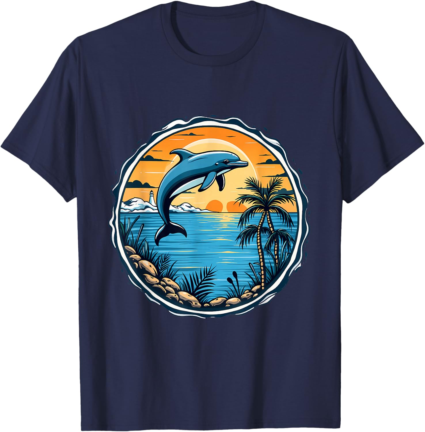 Dolphin Sunset Scene Ocean Tropical Beach Vibes , Black, S T-Shirt - T-Shirt | Navy