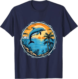 Dolphin Sunset Scene Ocean Tropical Beach Vibes , Black, S T-Shirt - T-Shirt | Navy