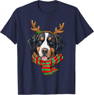 Bernese Mountain Dog Christmas Reindeer Santa Hat Funny Xmas Men Women Girls Kids T-Shirt - T-Shirt | Navy