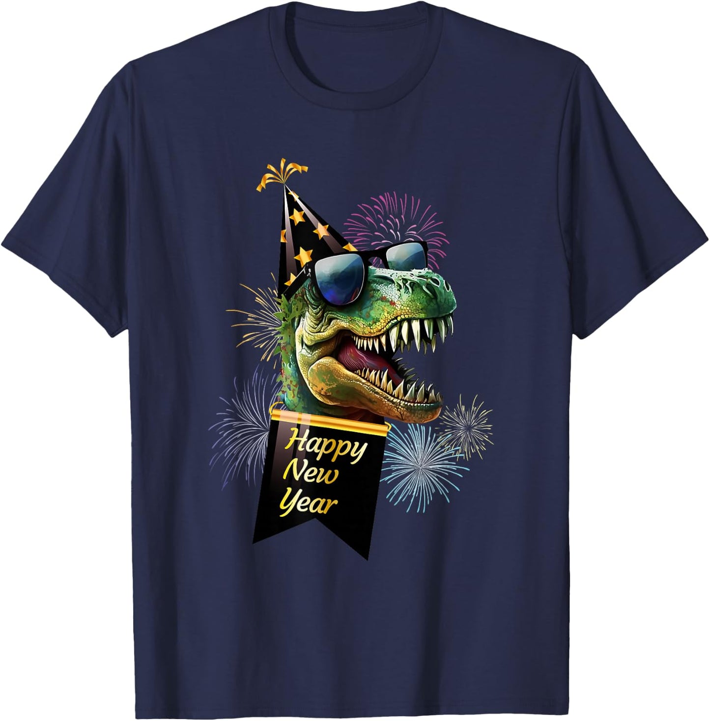 Happy New Year Dinosaur T Rex Sunglasses Fireworks NYE Party T-Shirt - T-Shirt | Navy