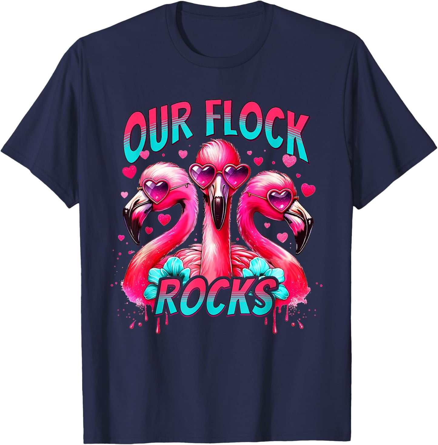 Our Flock Rocks Flamingo Matching Family Vacation T-Shirt - T-Shirt | Navy