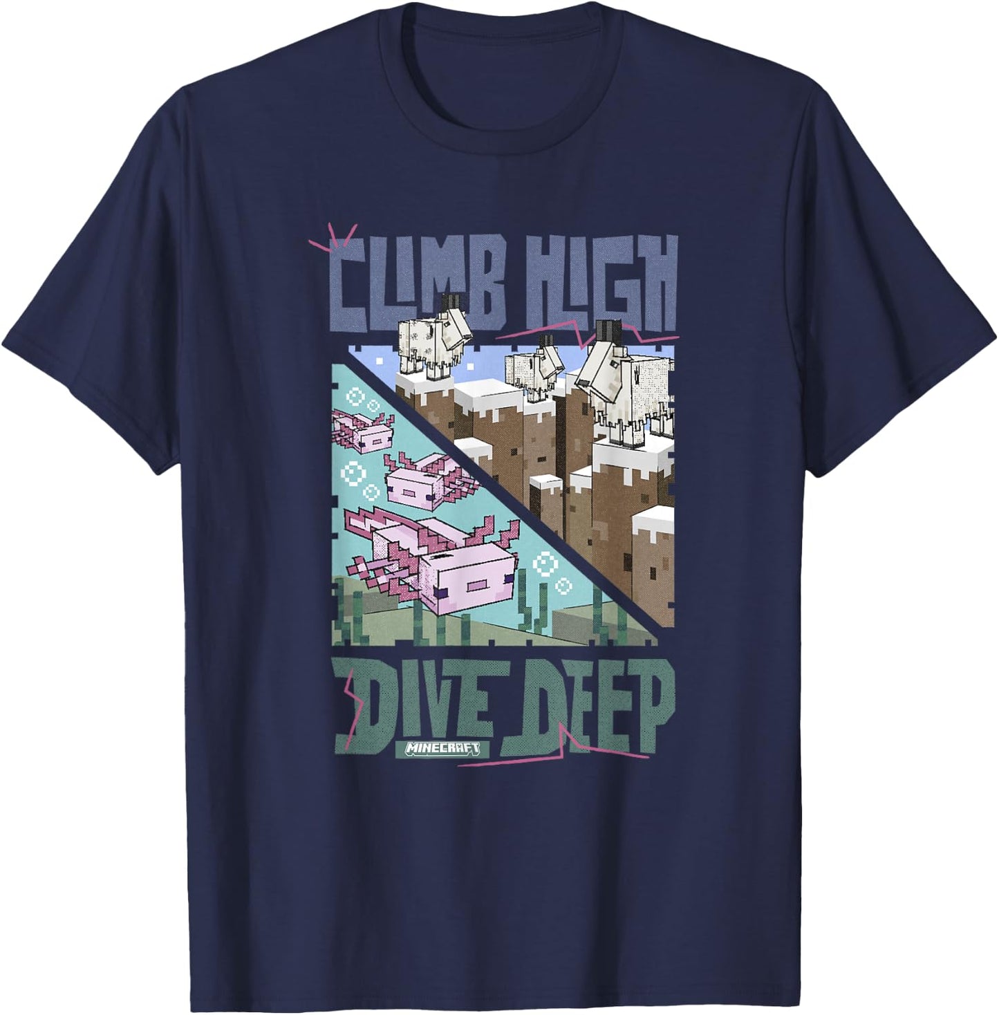 Minecraft Climb High Dive Deep Mountains & Sea Panels T-Shirt - T-Shirt | Navy
