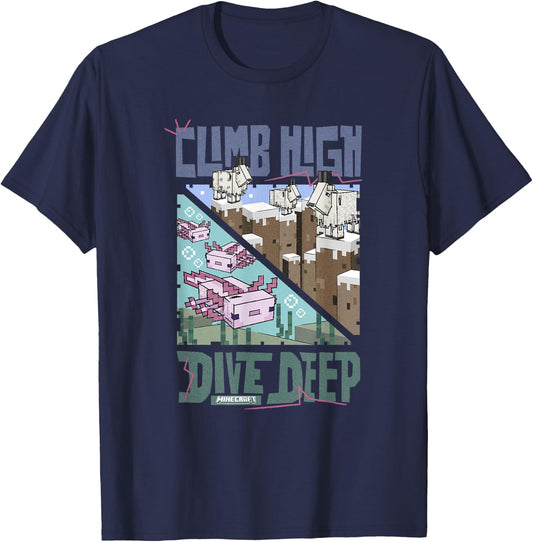 Minecraft Climb High Dive Deep Mountains & Sea Panels T-Shirt - T-Shirt | Navy