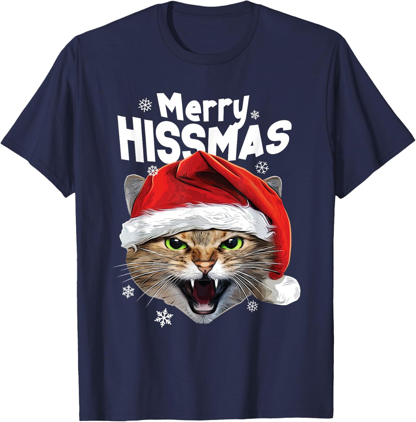 Cool Christmas Cat T Shirt 'Merry HISSmas' for Cat Lovers T-Shirt - T-Shirt | Navy