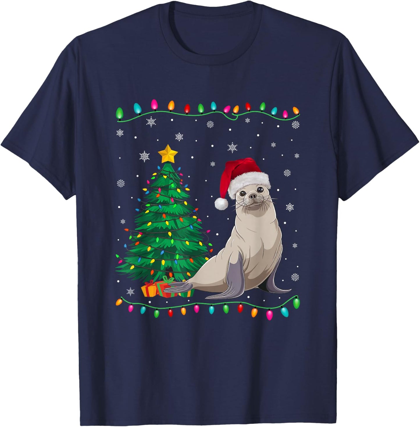 Seal Santa Hat Men Women Kids Christmas Tree Lights T-Shirt - T-Shirt | Navy